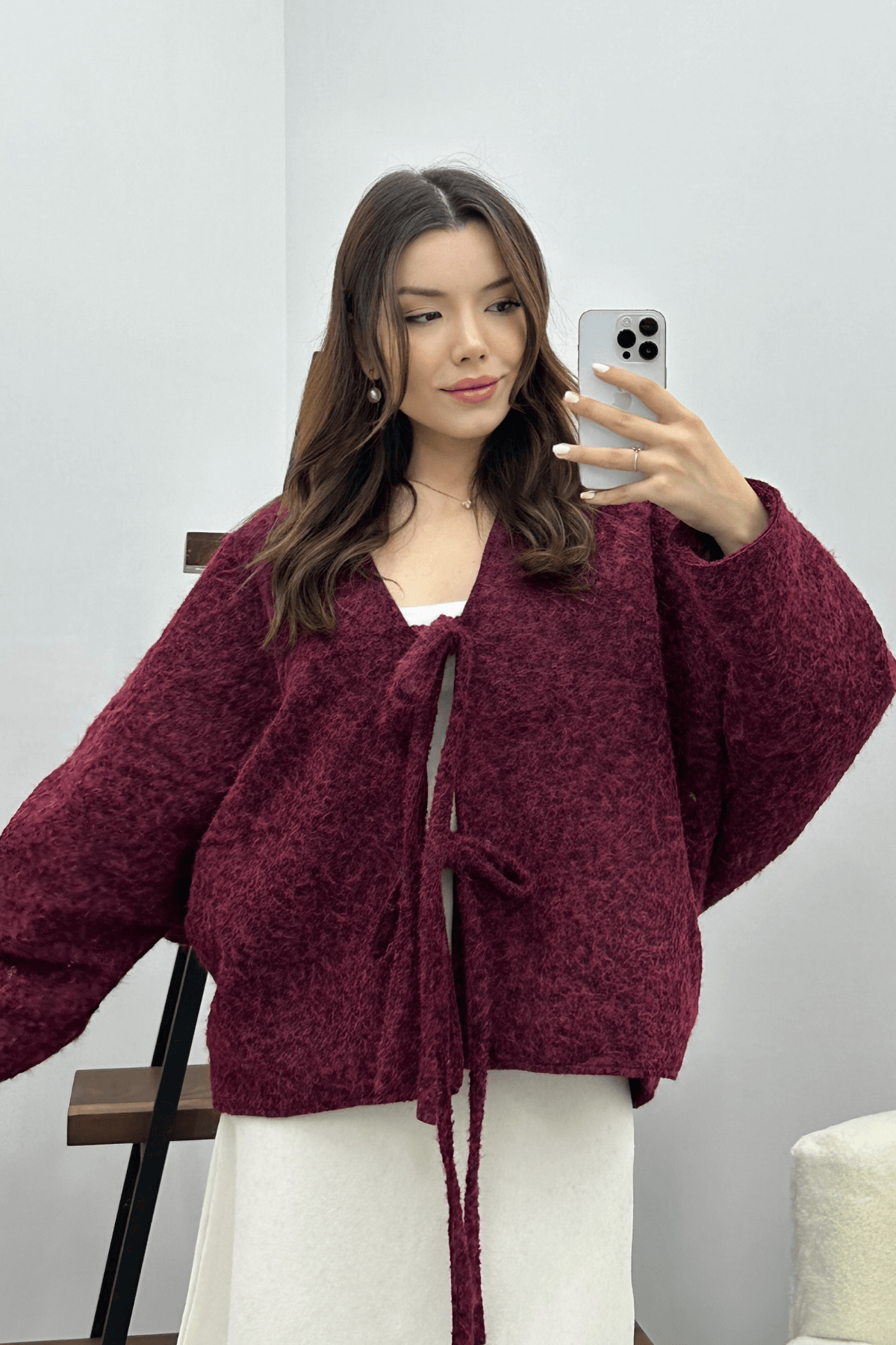 Kadın Bordo Bağcık Detaylı İthal Kaşe Ceket