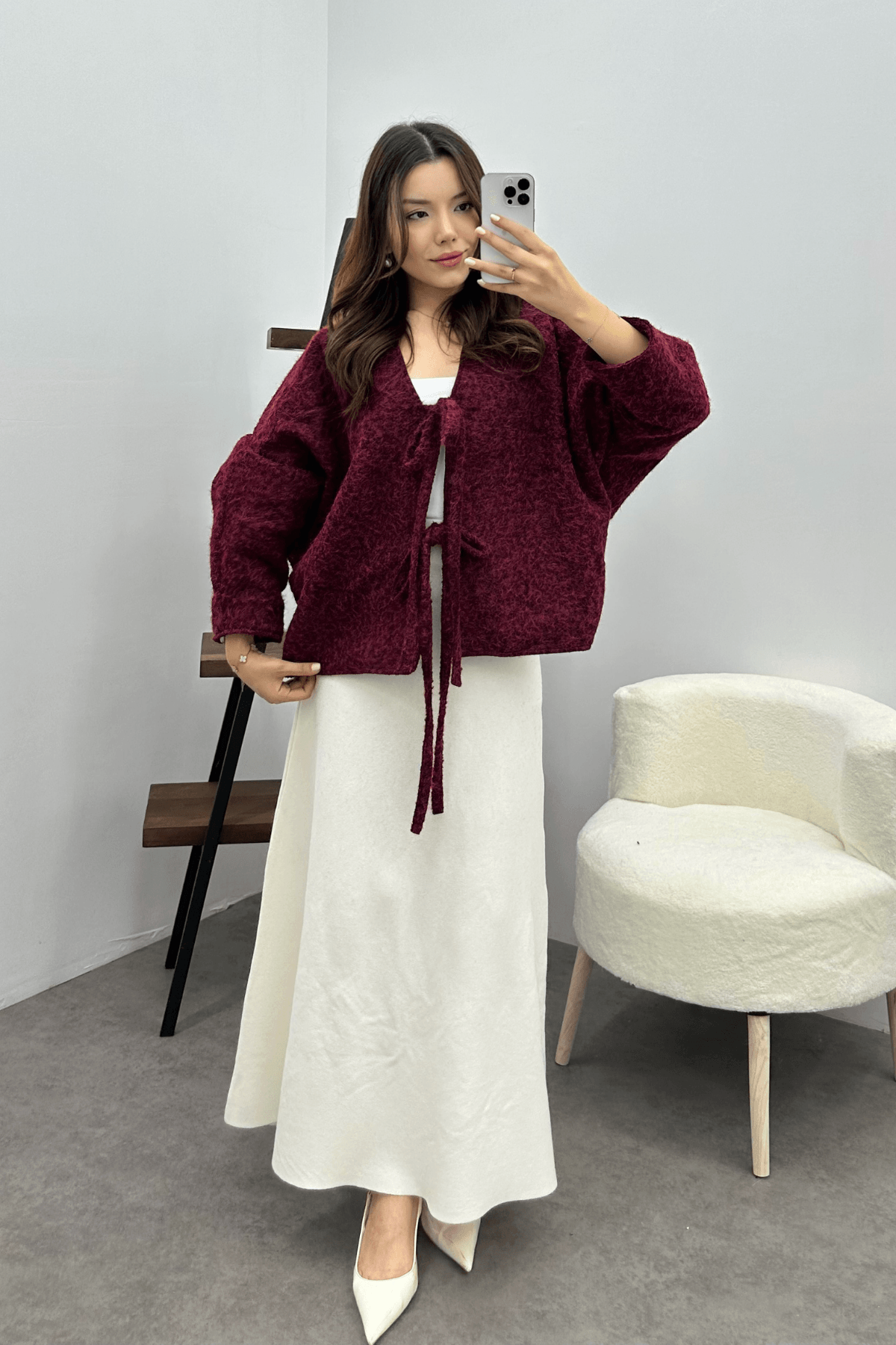 Kadın Bordo Bağcık Detaylı İthal Kaşe Ceket