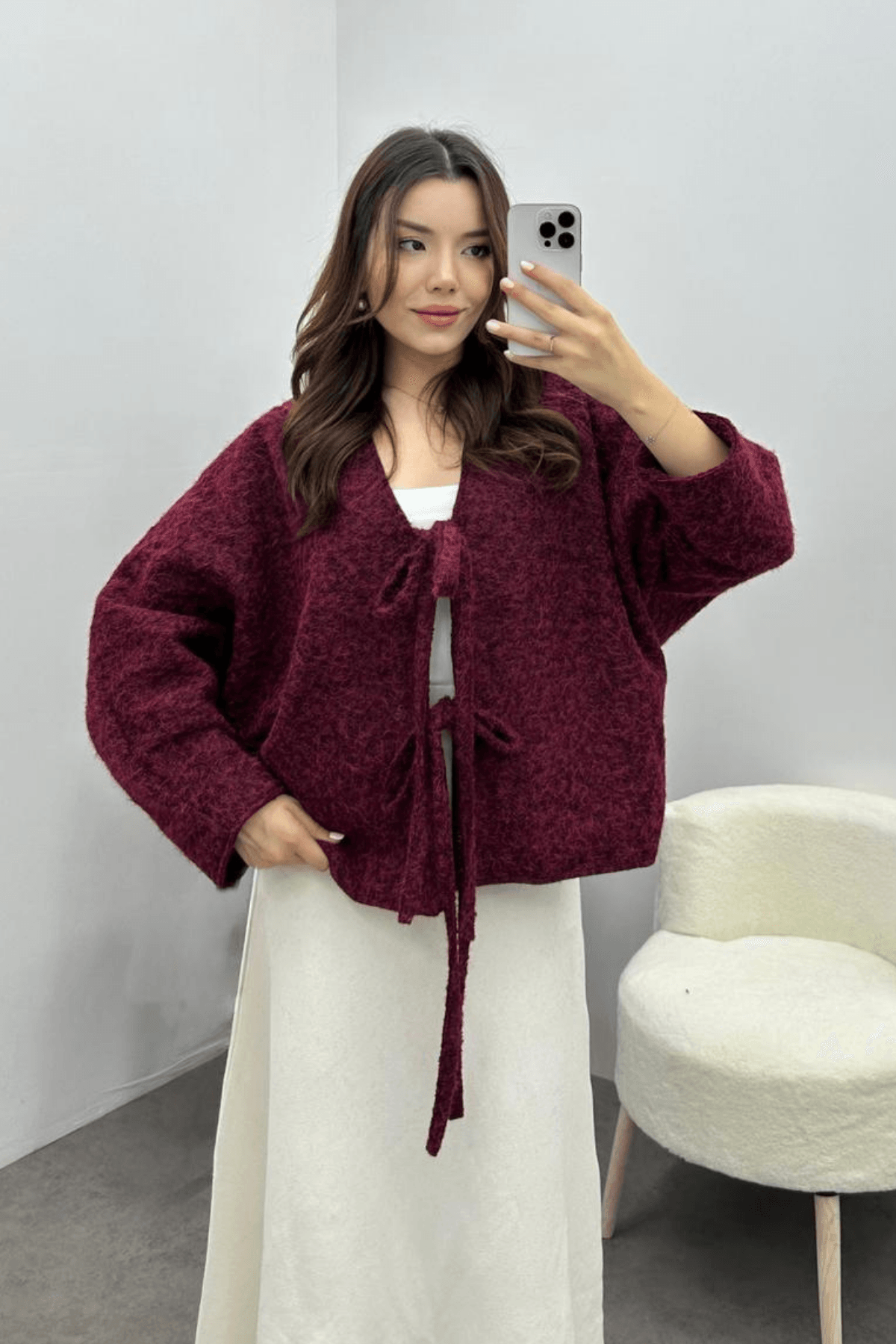 Kadın Bordo Bağcık Detaylı İthal Kaşe Ceket