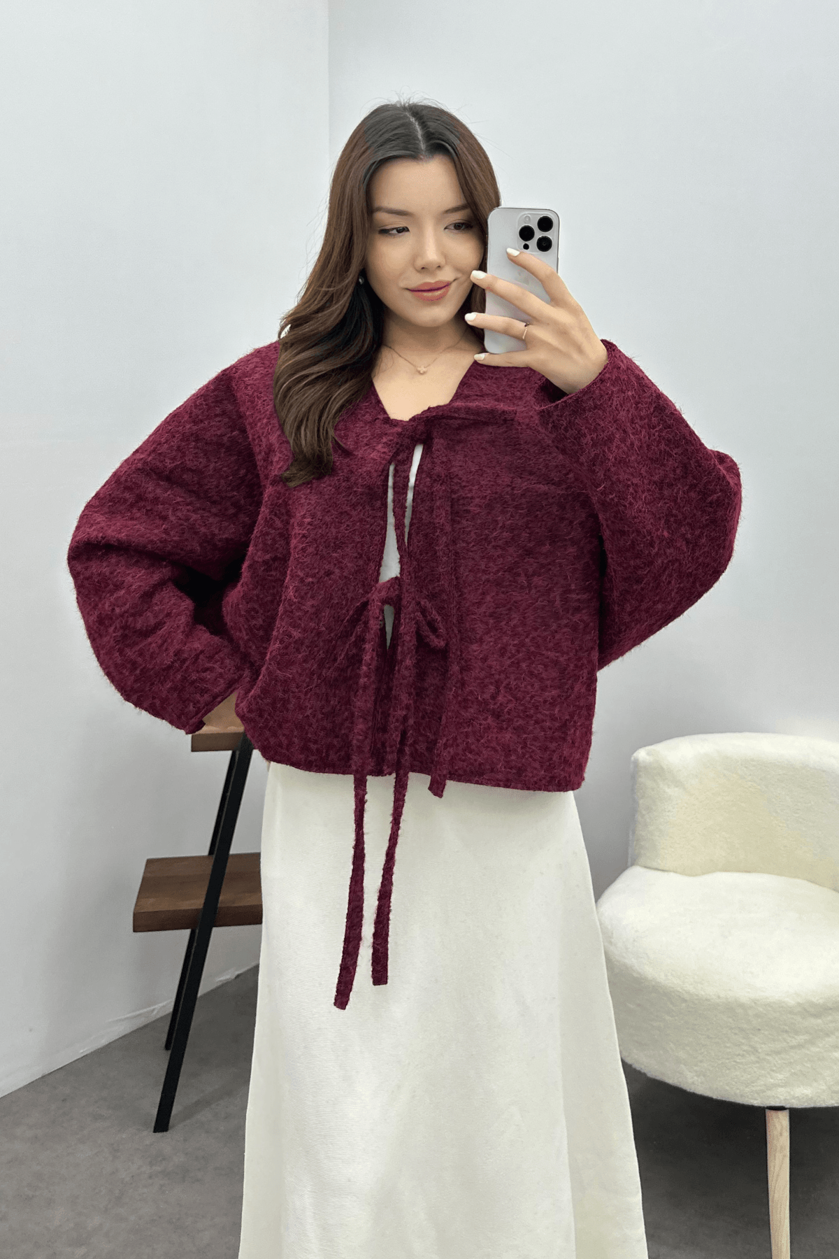 Kadın Bordo Bağcık Detaylı İthal Kaşe Ceket