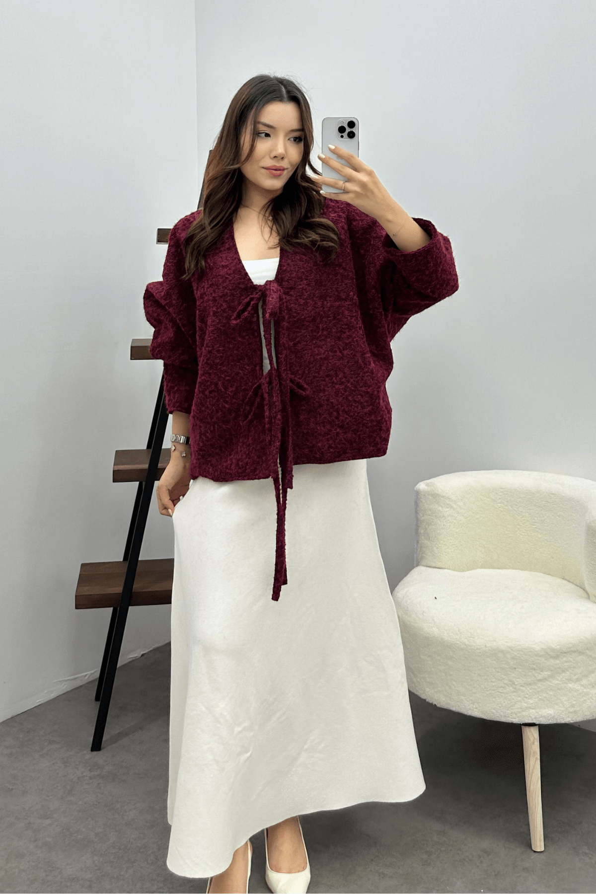 Kadın Bordo Bağcık Detaylı İthal Kaşe Ceket