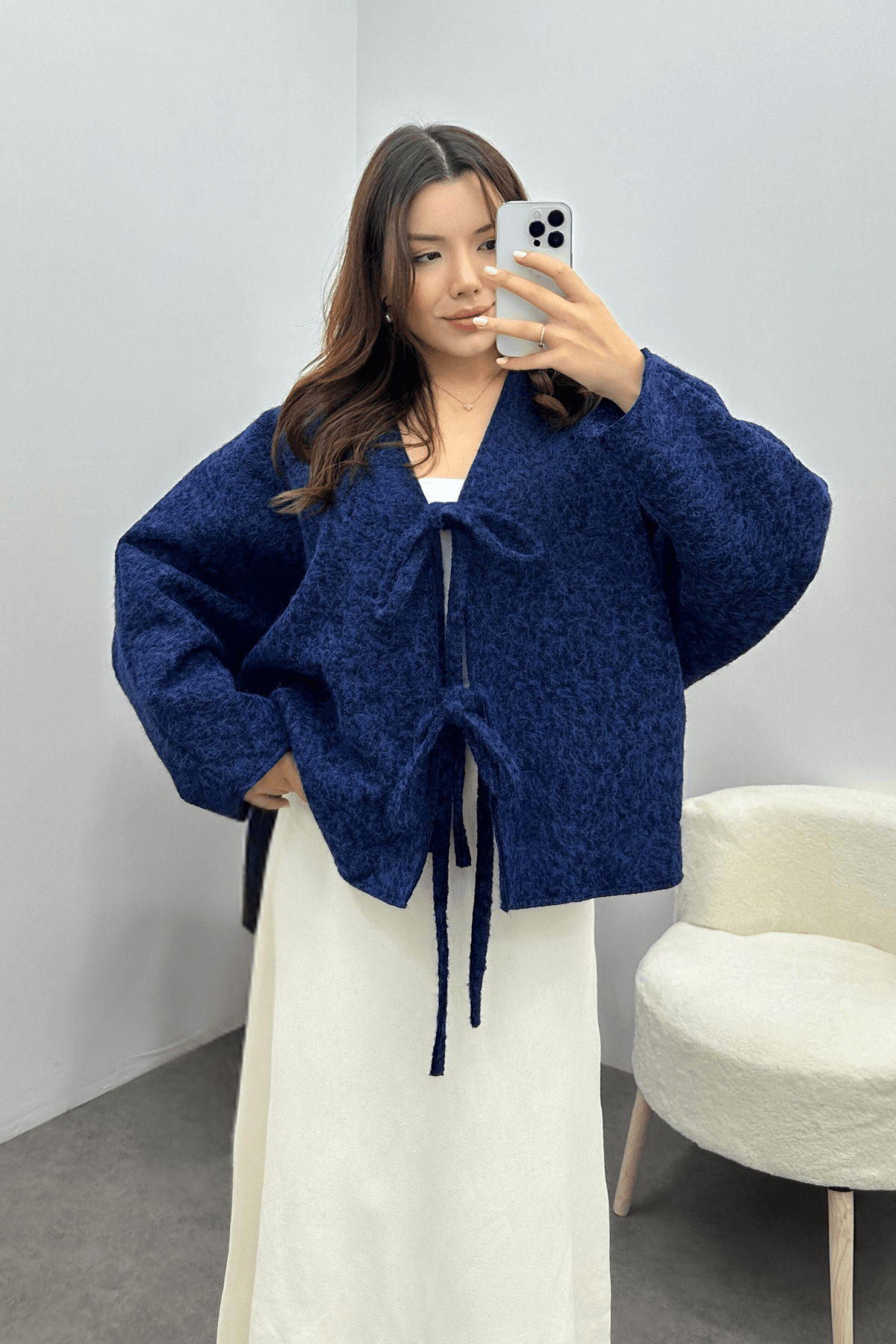 Kadın Lacivert Bağcık Detaylı İthal Kaşe Ceket