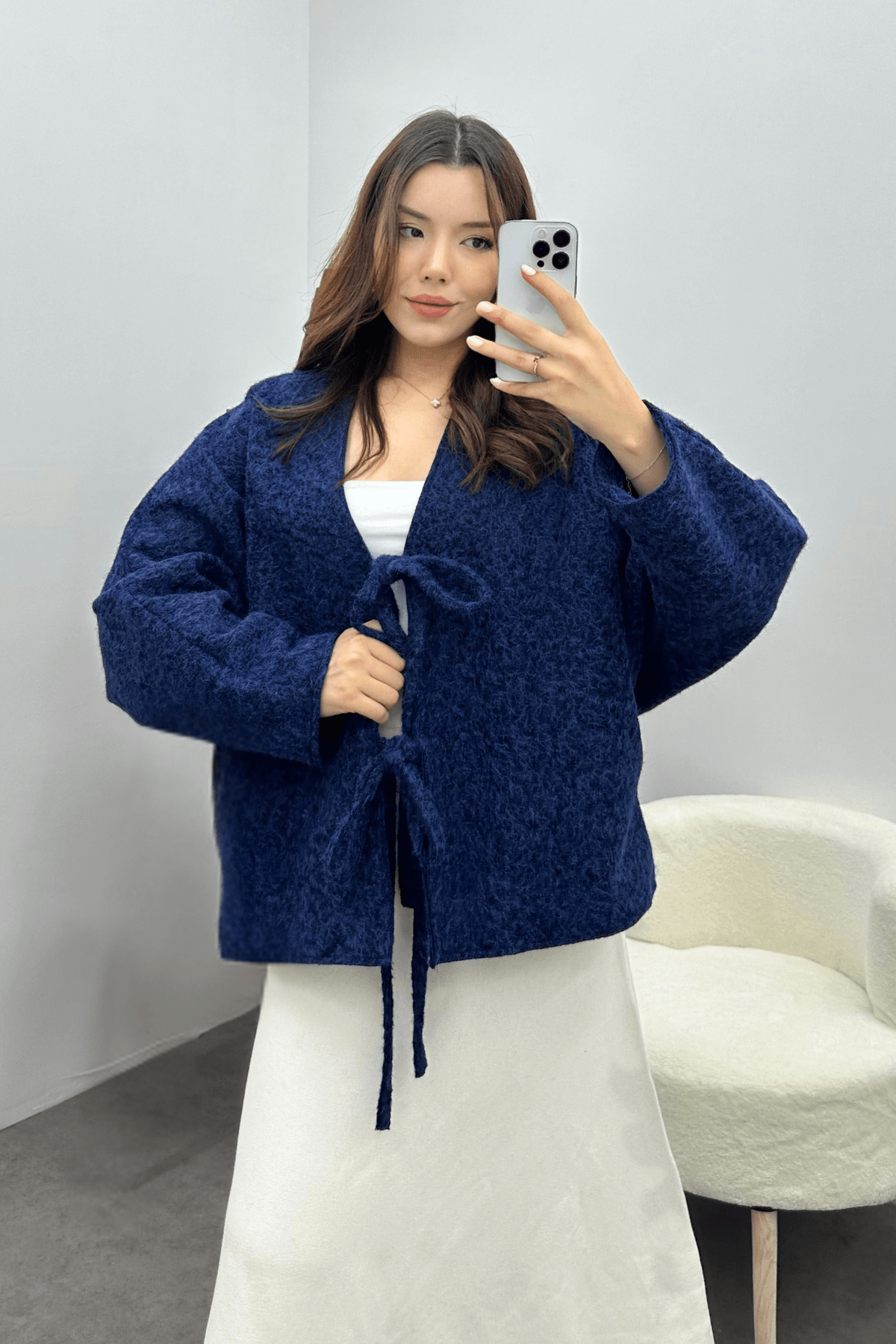 Kadın Lacivert Bağcık Detaylı İthal Kaşe Ceket