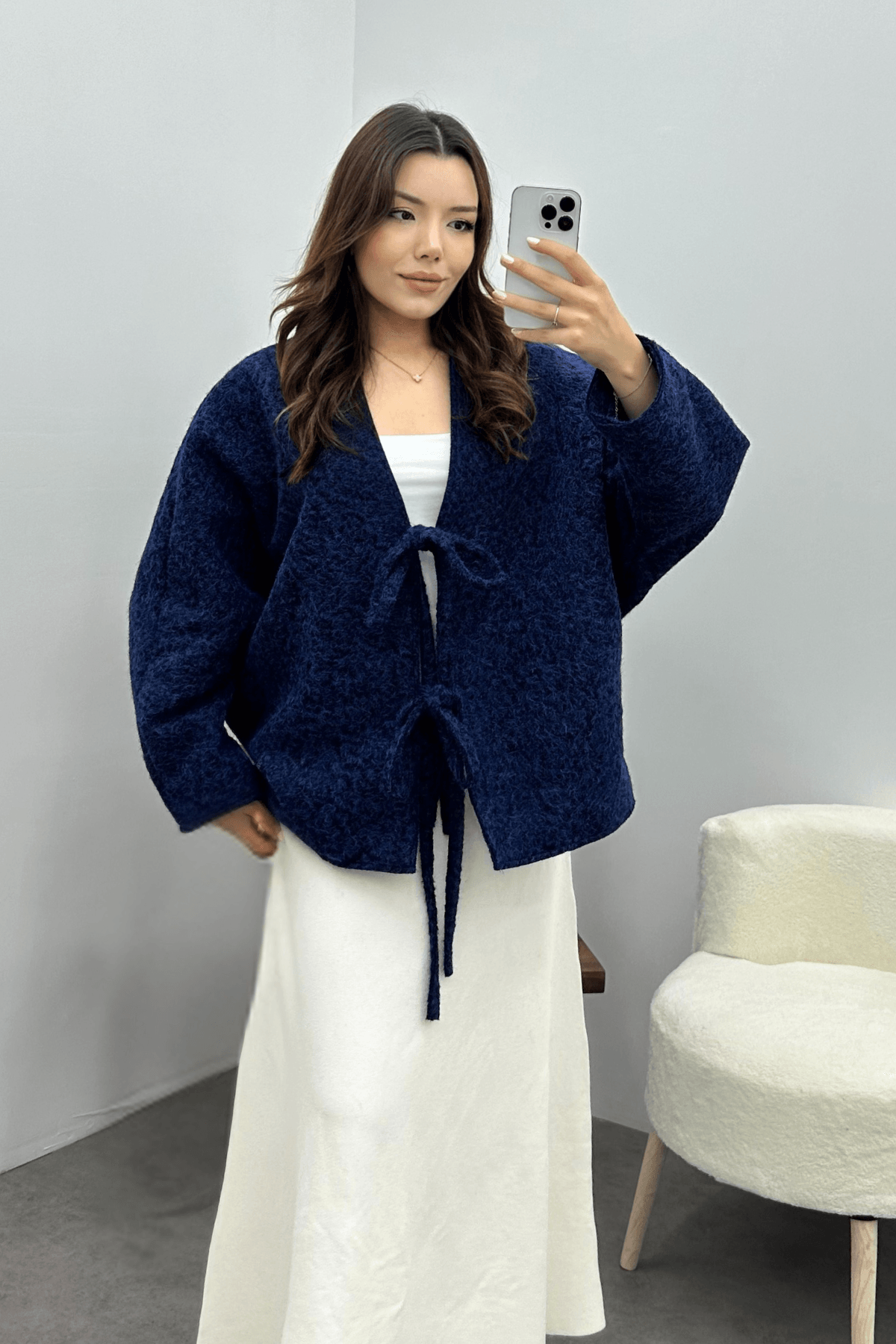 Kadın Lacivert Bağcık Detaylı İthal Kaşe Ceket