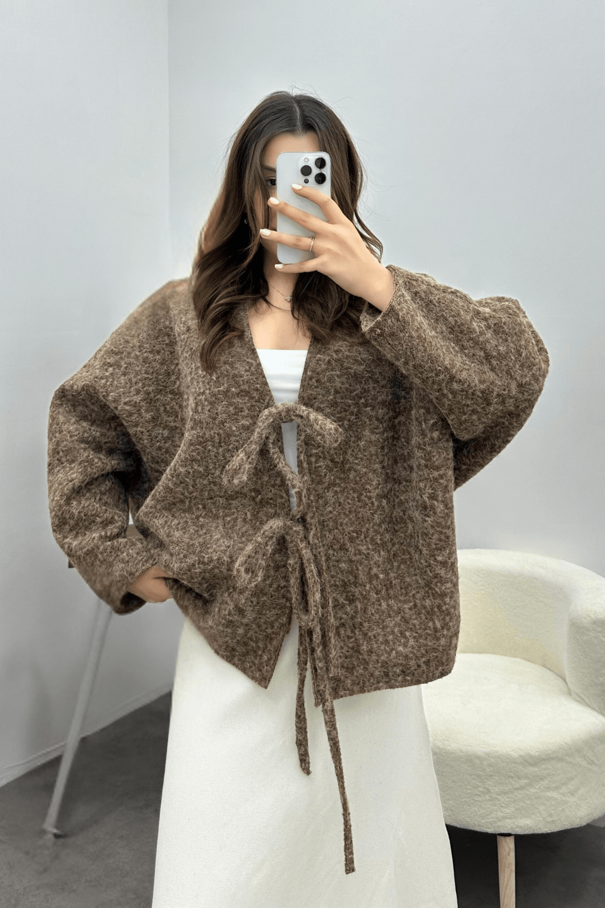 Kadın Kahverengi Bağcık Detaylı İthal Kaşe Ceket