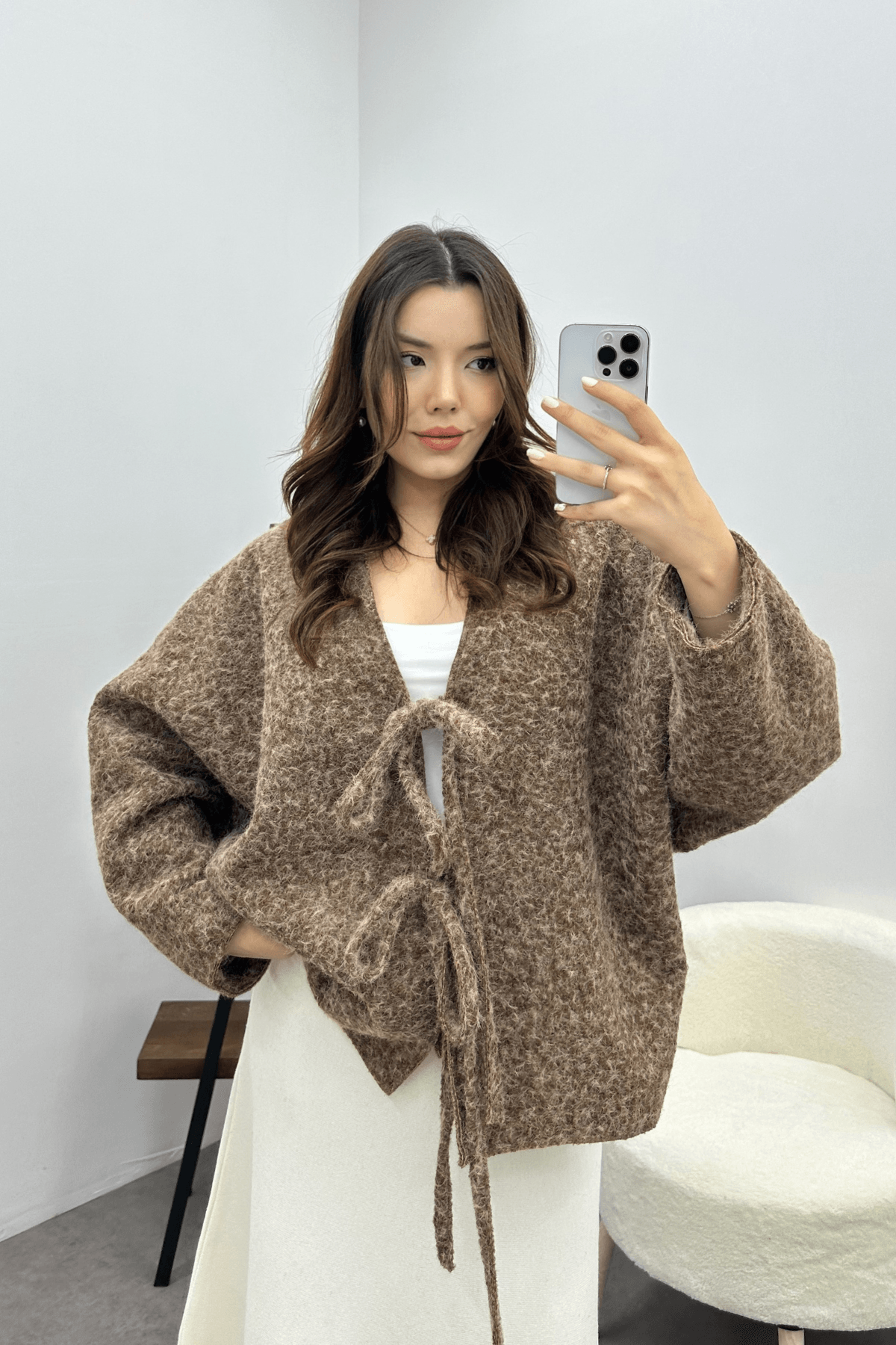 Kadın Kahverengi Bağcık Detaylı İthal Kaşe Ceket