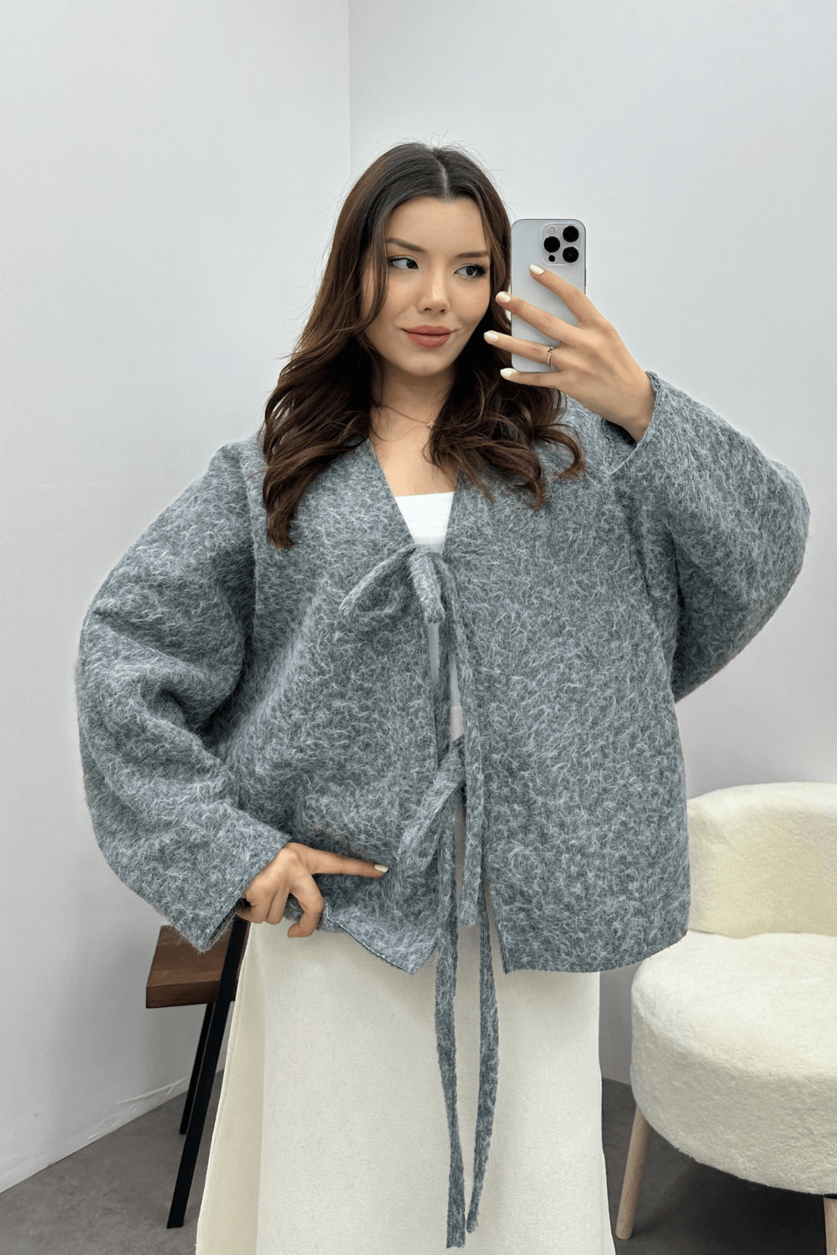 Kadın Gri Bağcık Detaylı İthal Kaşe Ceket