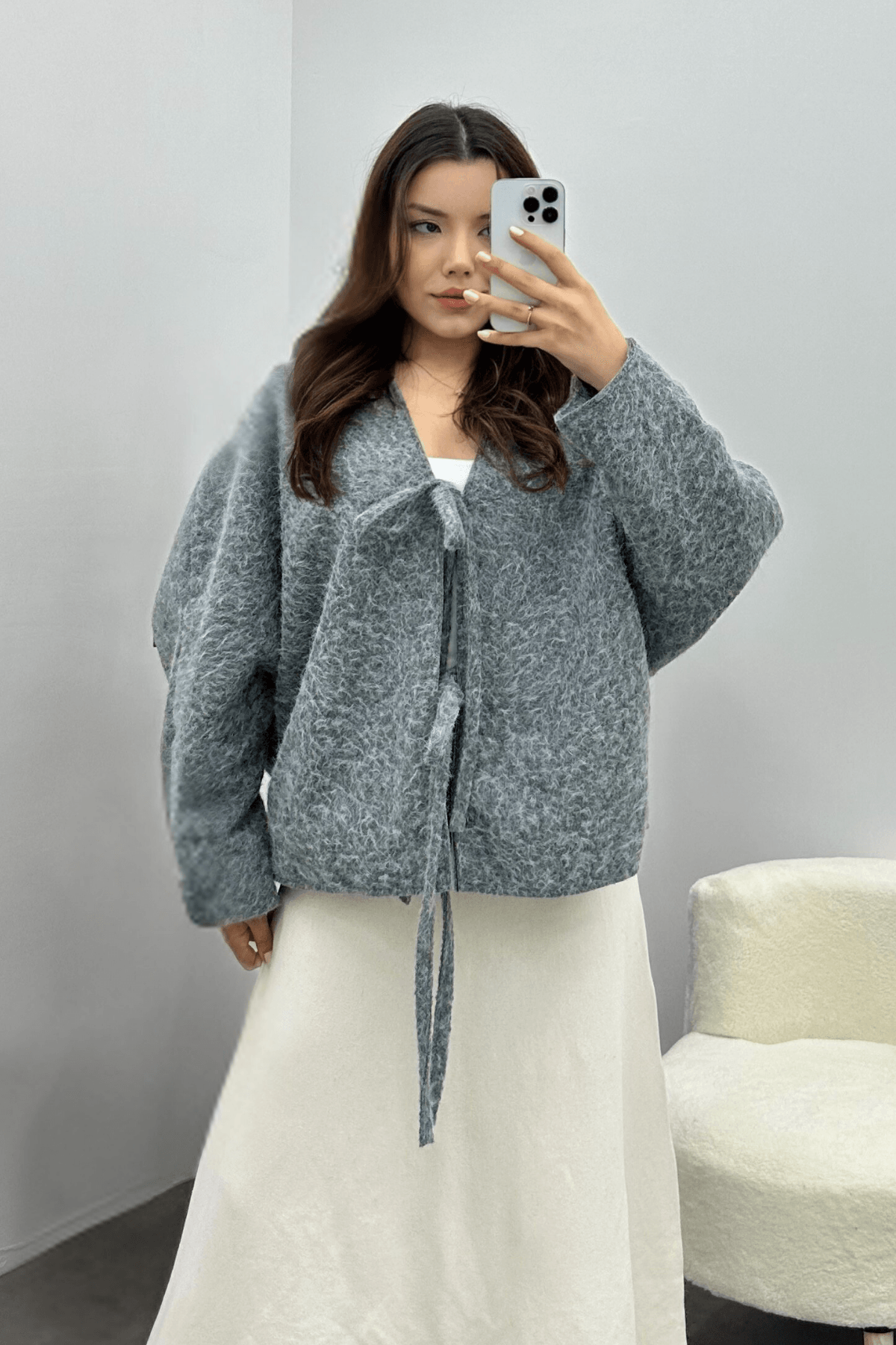 Kadın Gri Bağcık Detaylı İthal Kaşe Ceket