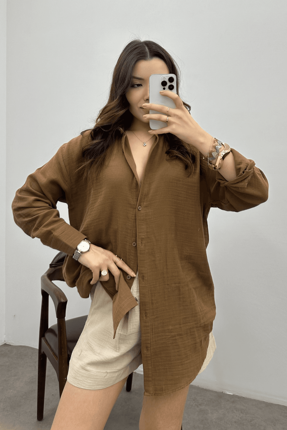 Kadın Kızıl Kahve Oversize Basic Müslin Gömlek