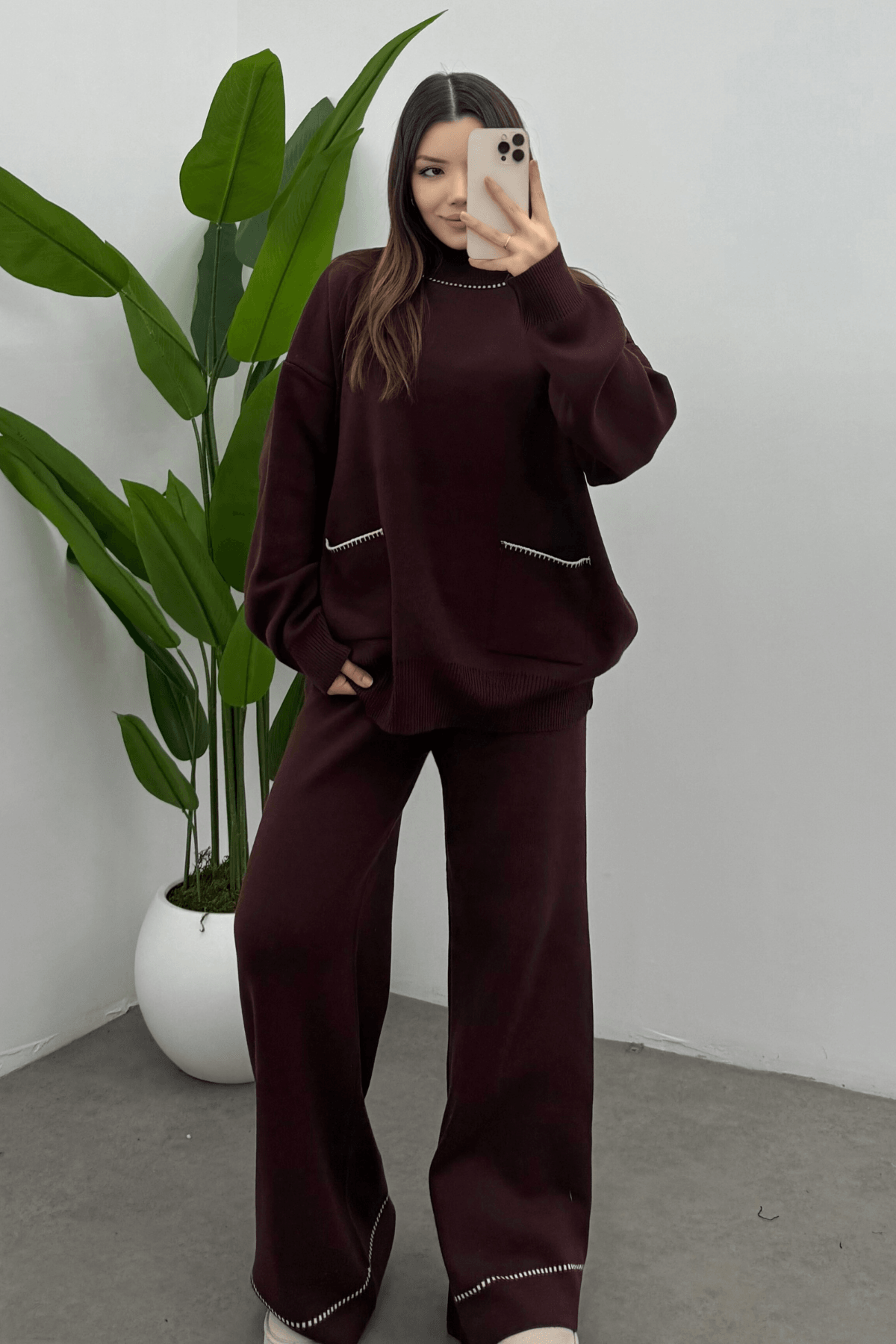 Kadın Bordo  Balıkçı Yaka Cep Detaylı Kazak Pantolon Triko Takım