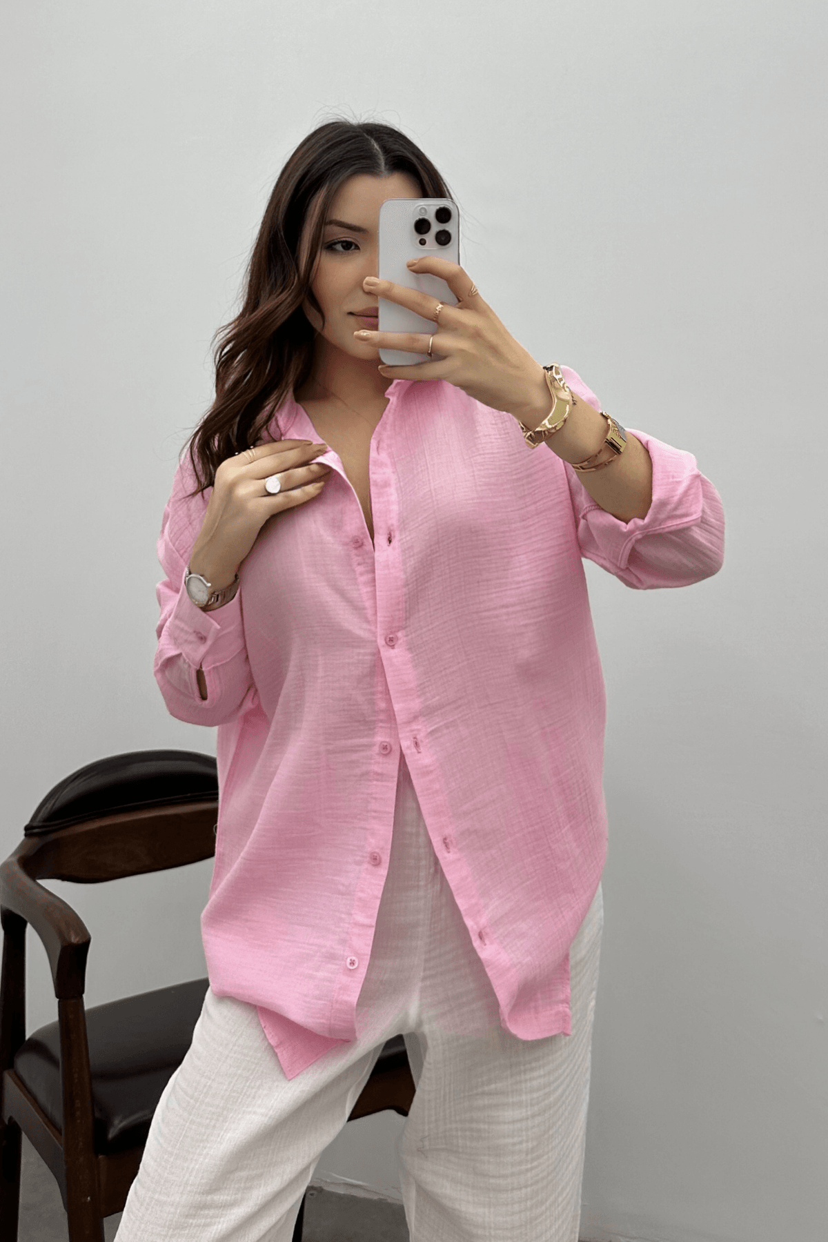 Kadın Pembe Oversize Basic Müslin Gömlek