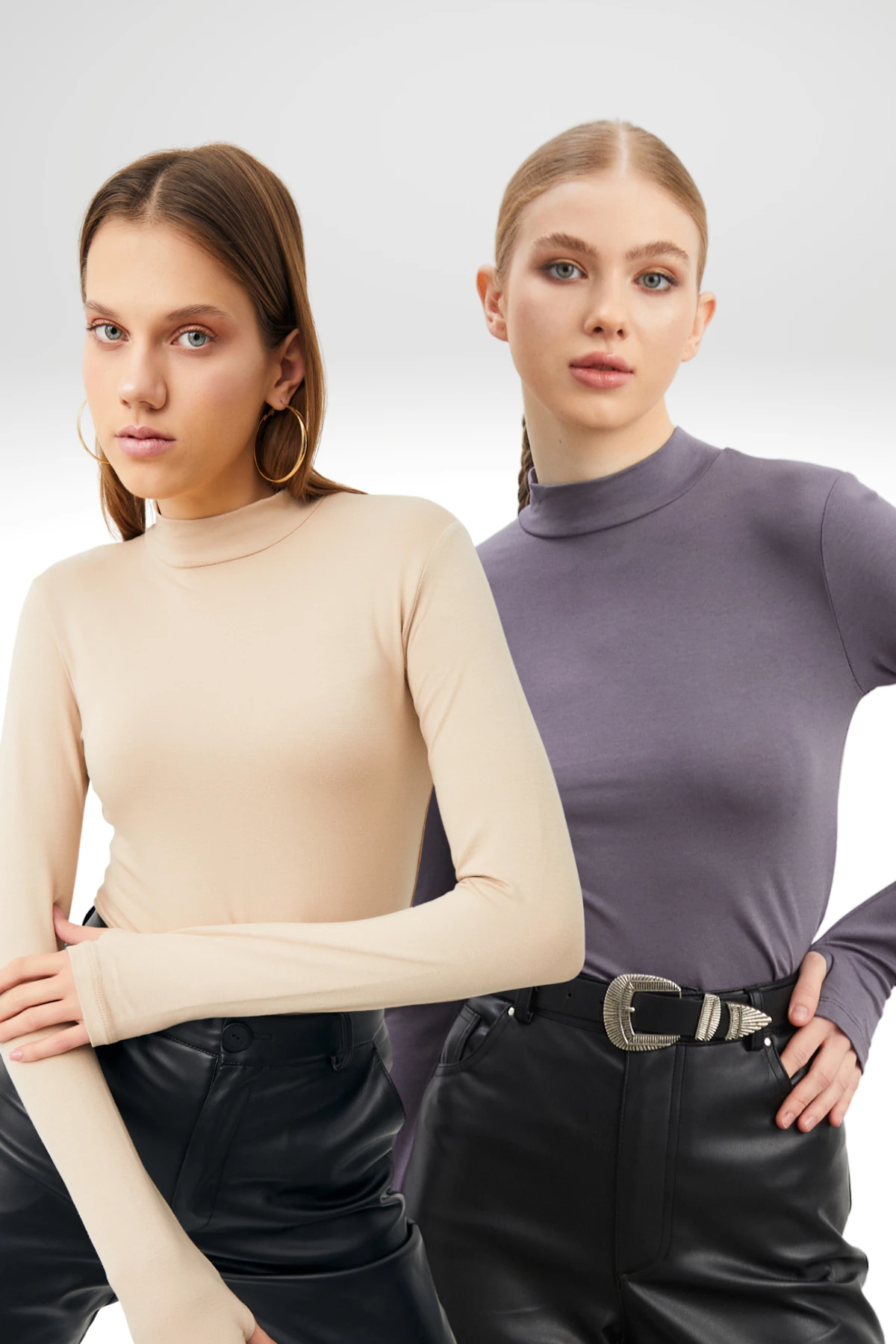 Kadın Gri Krem Parmak Detaylı 2'li Body