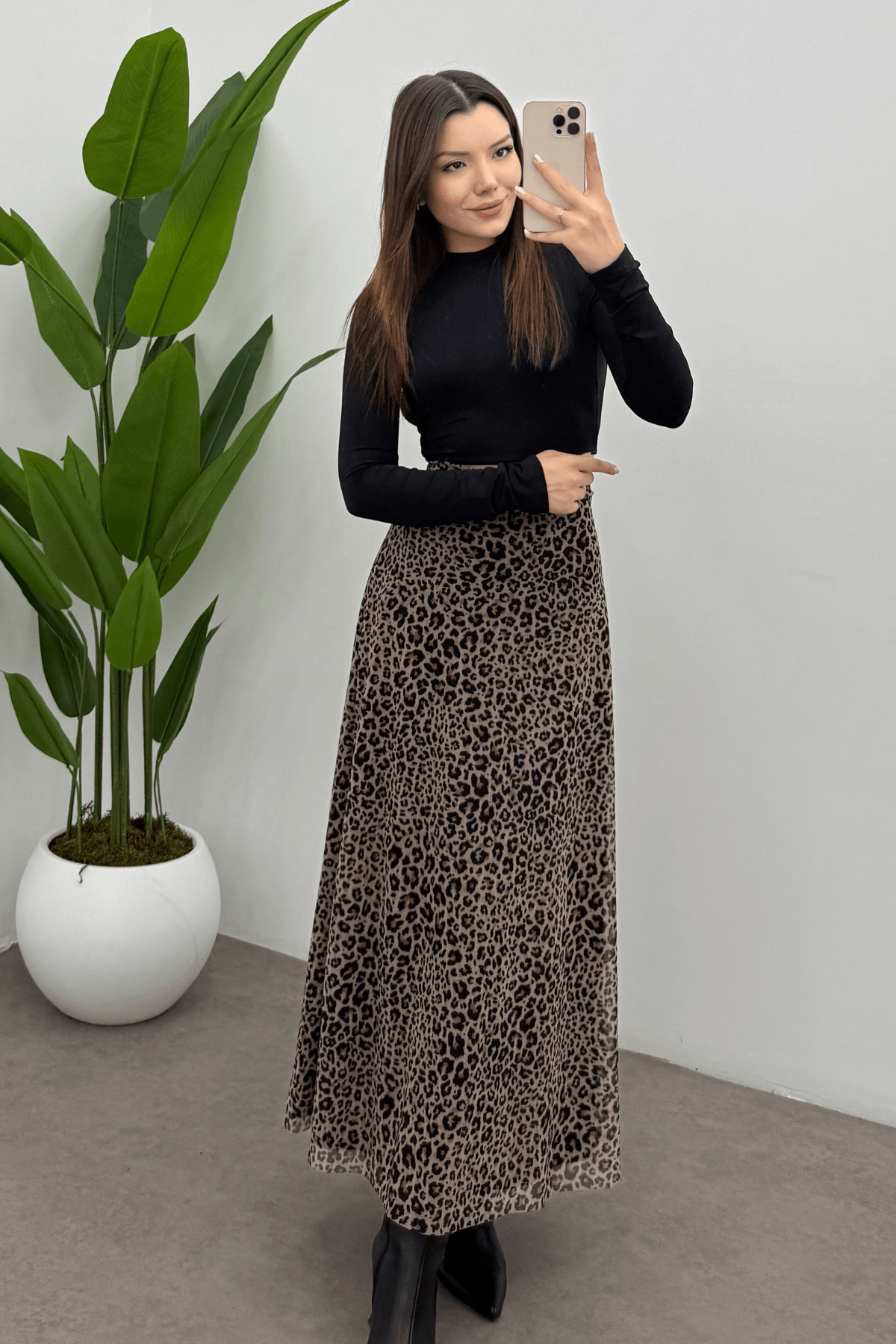 Kadın Kahverengi Nokta Leopar Baskılı  Arka Lastik Detaylı Fermuarlı Tül Etek