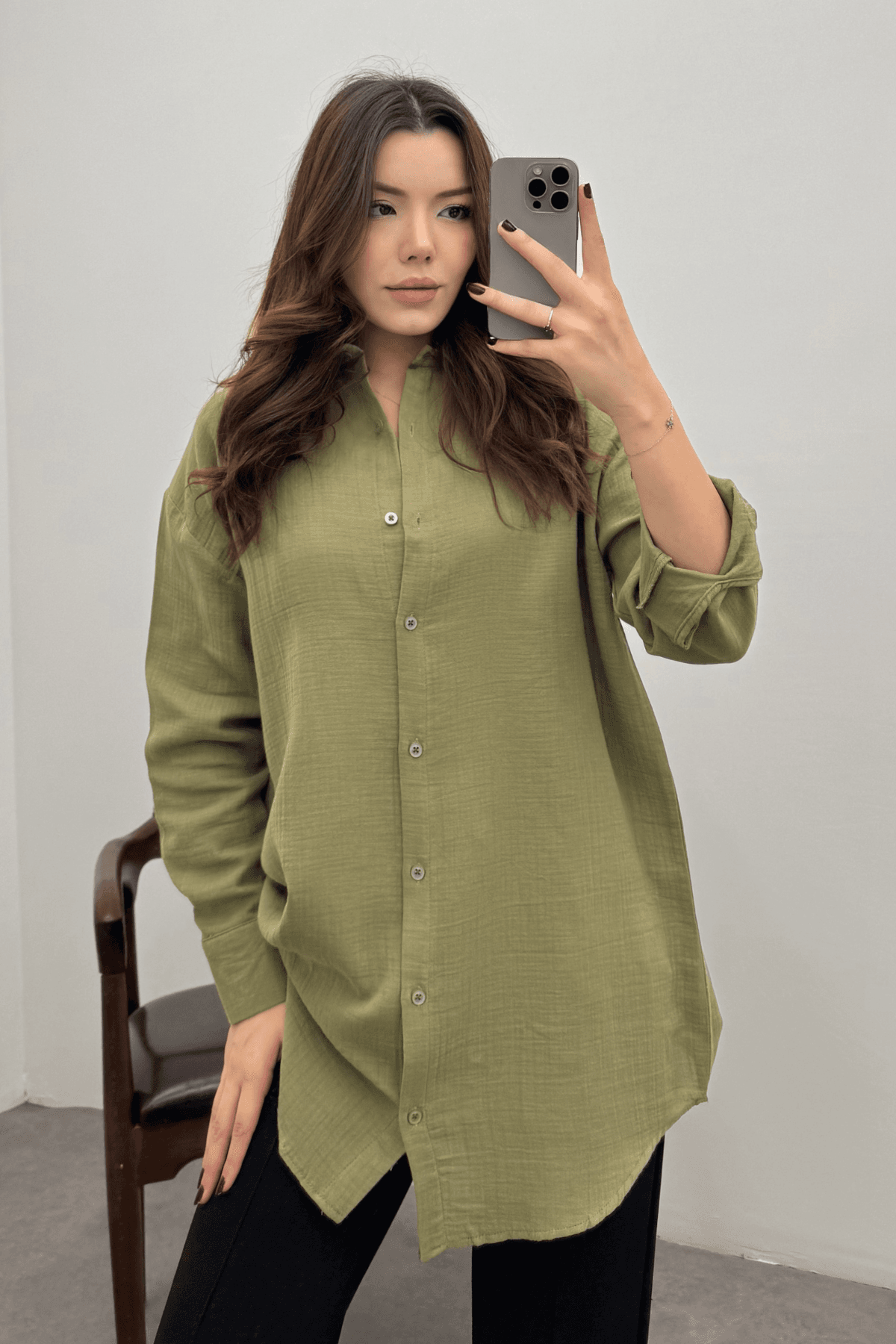 Kadın Haki Oversize Basic Müslin Gömlek