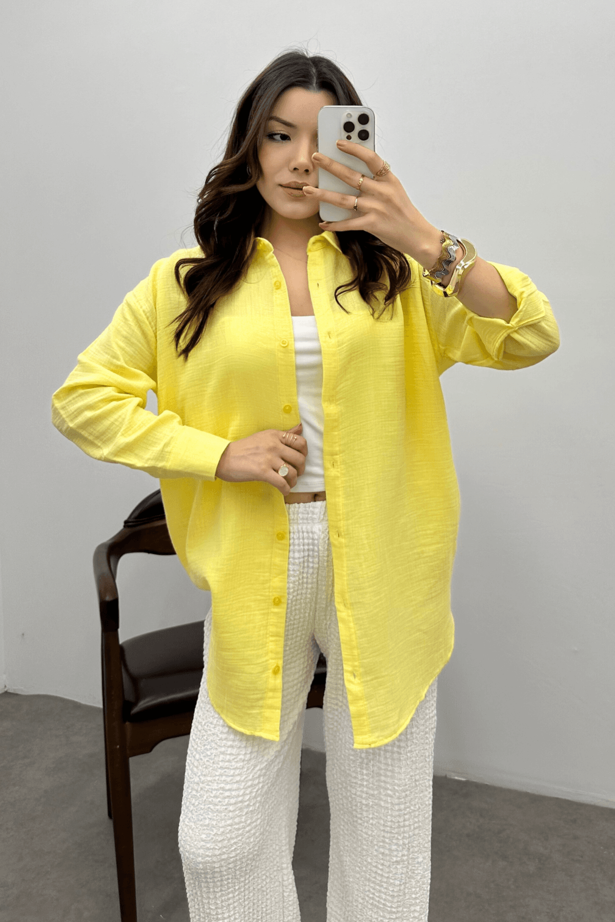Kadın Tereyağı Sarısı Oversize Basic Müslin Gömlek