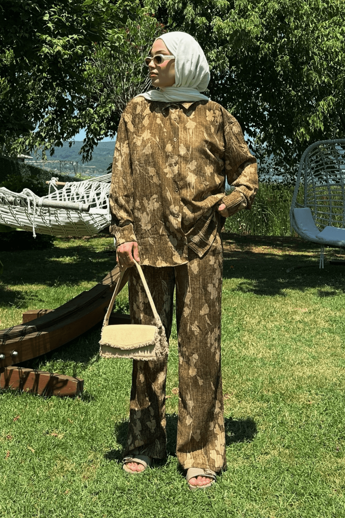 Kadın Koyu Hardal Yaprak Efektli Krinkıl Gömlek Pantolon Alt Üst Takım