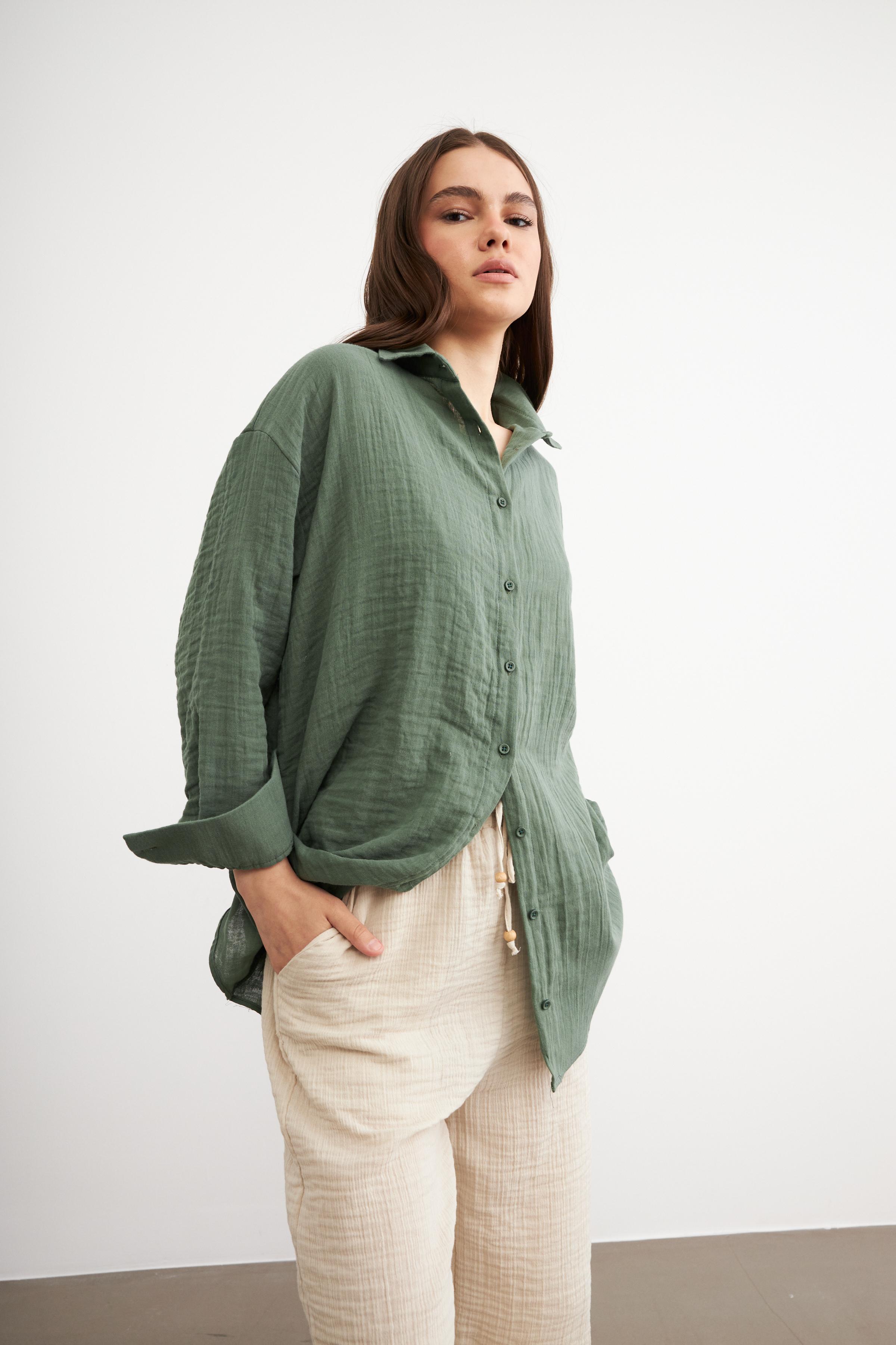 Kadın Mint Yeşili Oversize Basic Müslin Gömlek