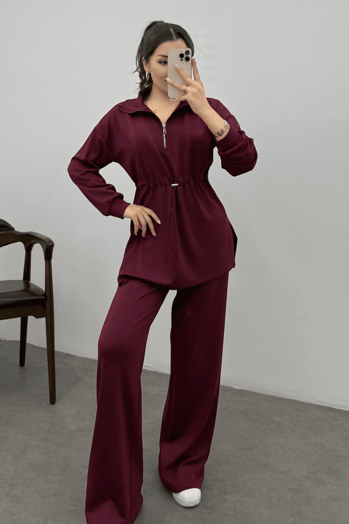 Kadın Bordo Oysho Beli Lastikli Fermuarlı Sweat Takım