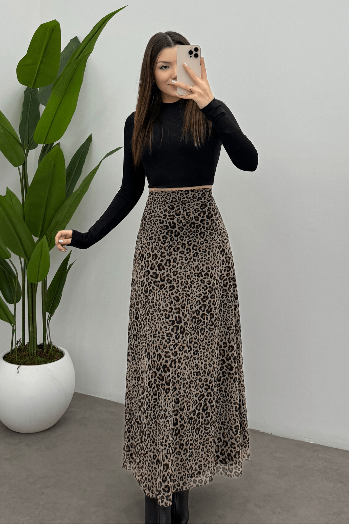 Kadın Kahverengi Nokta Leopar Baskılı  Arka Lastik Detaylı Fermuarlı Tül Etek