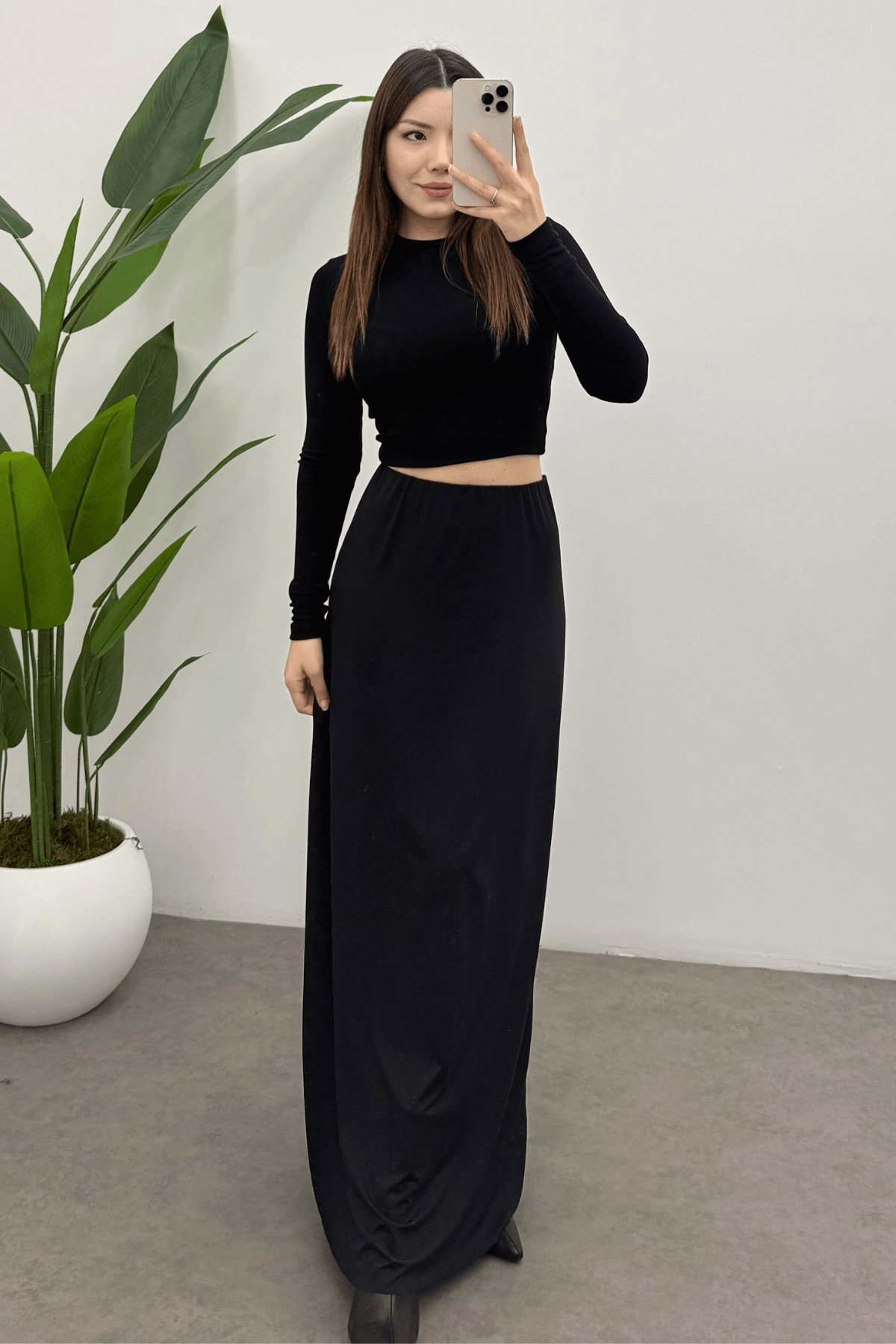 Kadın Siyah Likralı Yüksek Bel Fitted Relaxed Polyamid Maksi Basic Etek