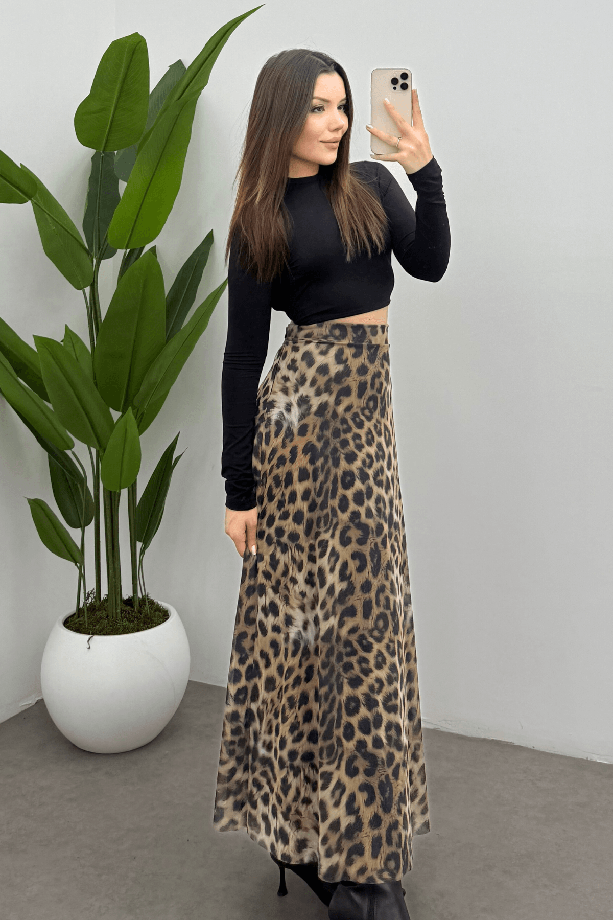  Kadın Leopar   Arka Lastik Detaylı Fermuarlı Maksi  Tül Etek