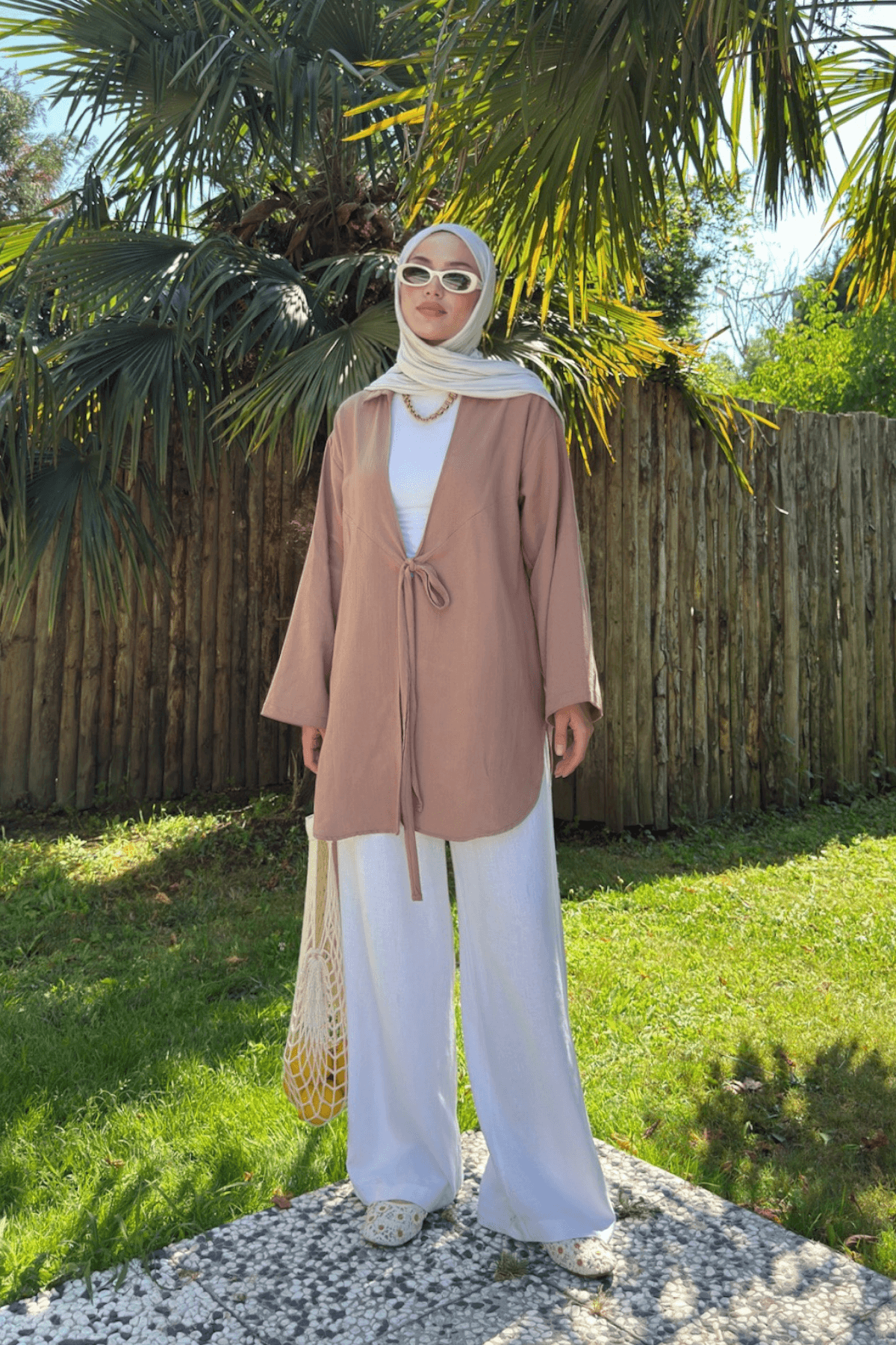 Kadın Kahverengi Bağlama Detaylı Flam Keten Kimono