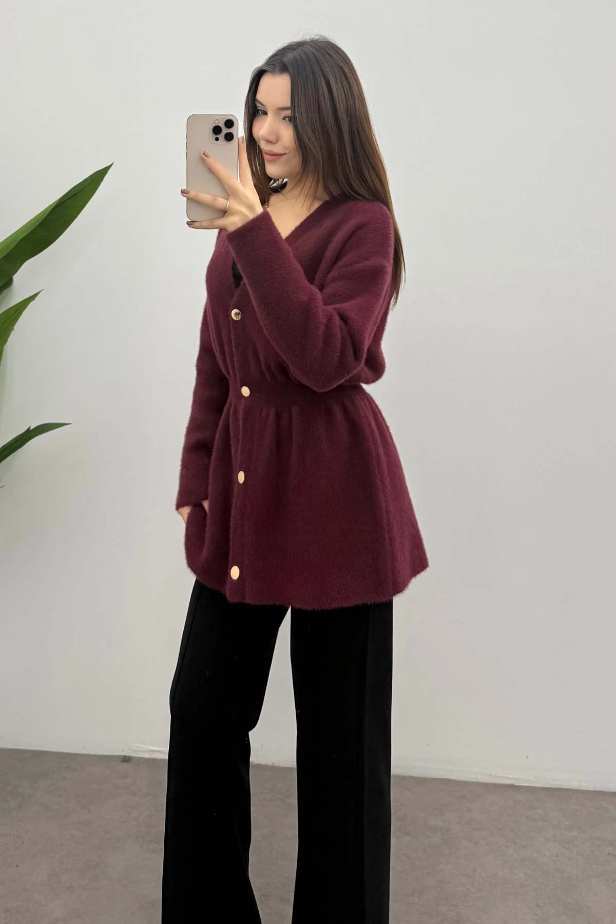 Kadın Bordo Gold Çıtçıt Detaylı Soft Triko Hırka