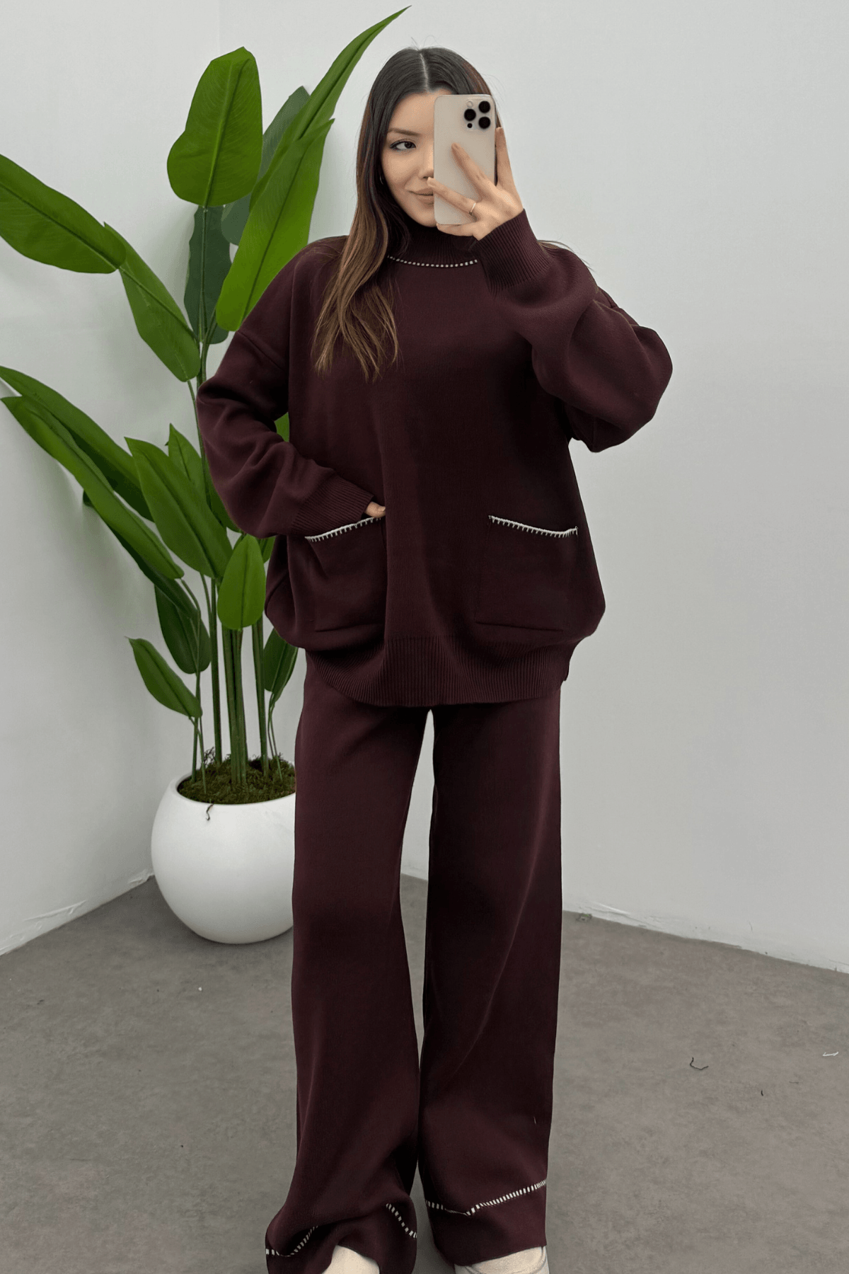 Kadın Bordo  Balıkçı Yaka Cep Detaylı Kazak Pantolon Triko Takım