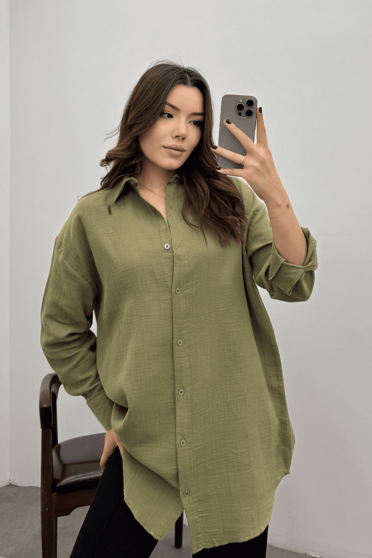 Kadın Haki Oversize Basic Müslin Gömlek