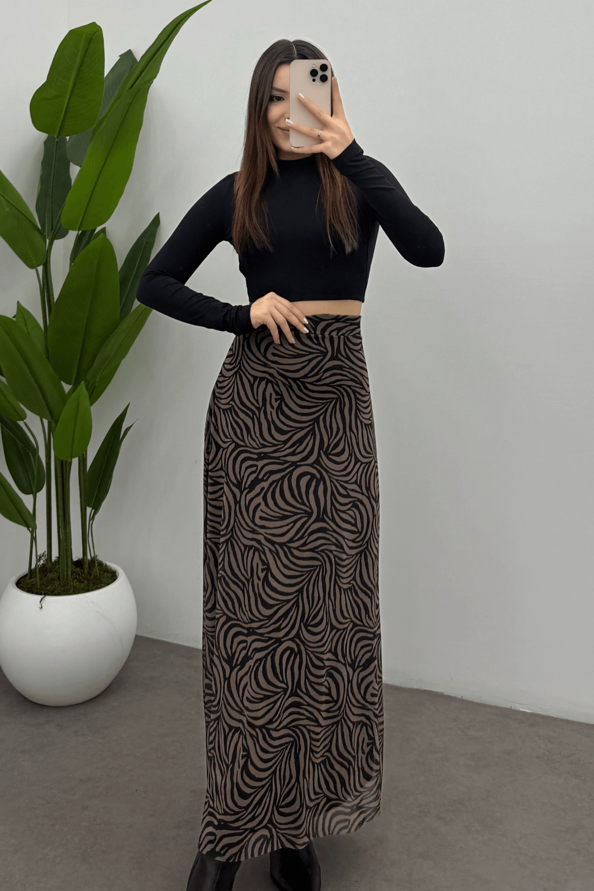 Kadın Kahverengi Dalga Zebra Baskılı  Arka Lastik Detaylı Fermuarlı  Tül Etek