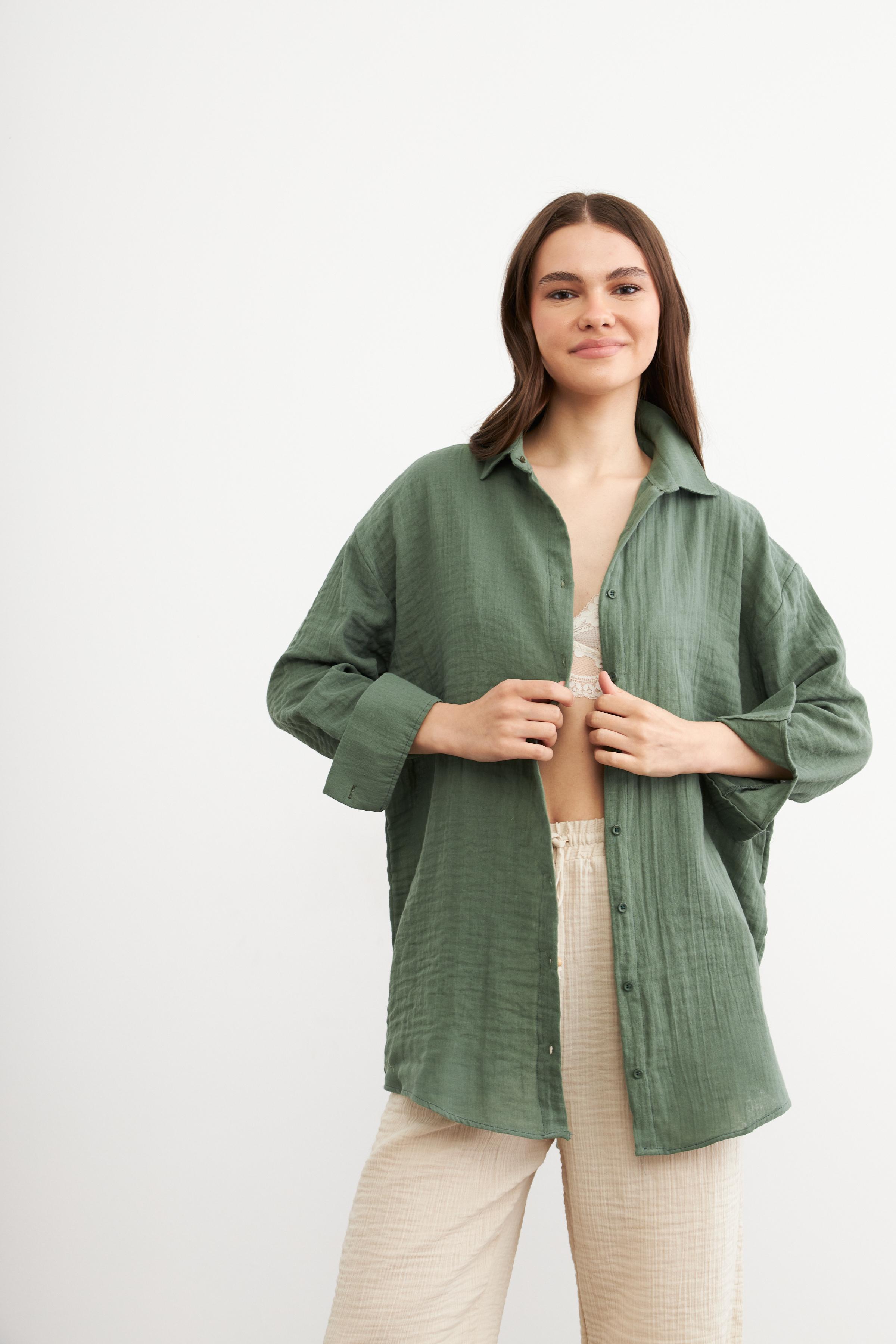 Kadın Mint Yeşili Oversize Basic Müslin Gömlek