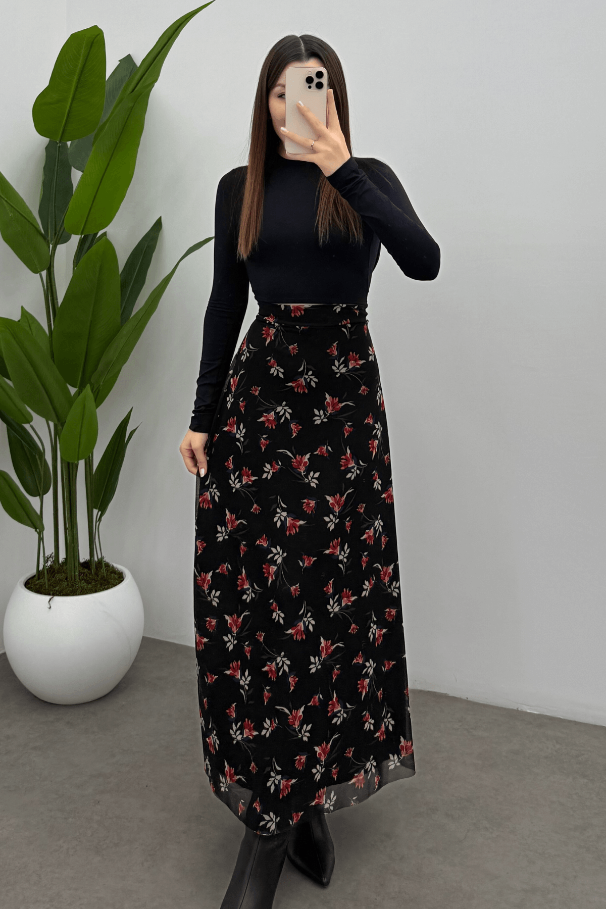 Kadın Kırmızı Yaprak Baskılı  Arka Lastik Detaylı Fermuarlı Tül Etek