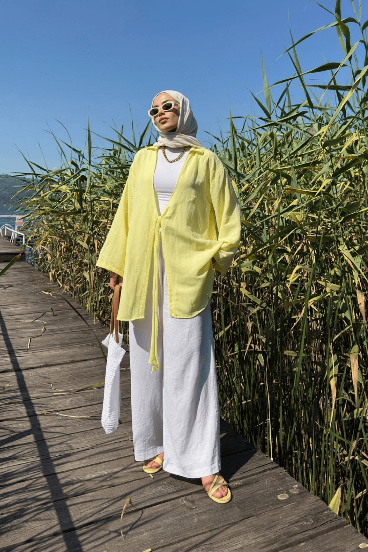 Kadın Tereyağı Sarı Bağlama Detaylı Flam Keten Kimono