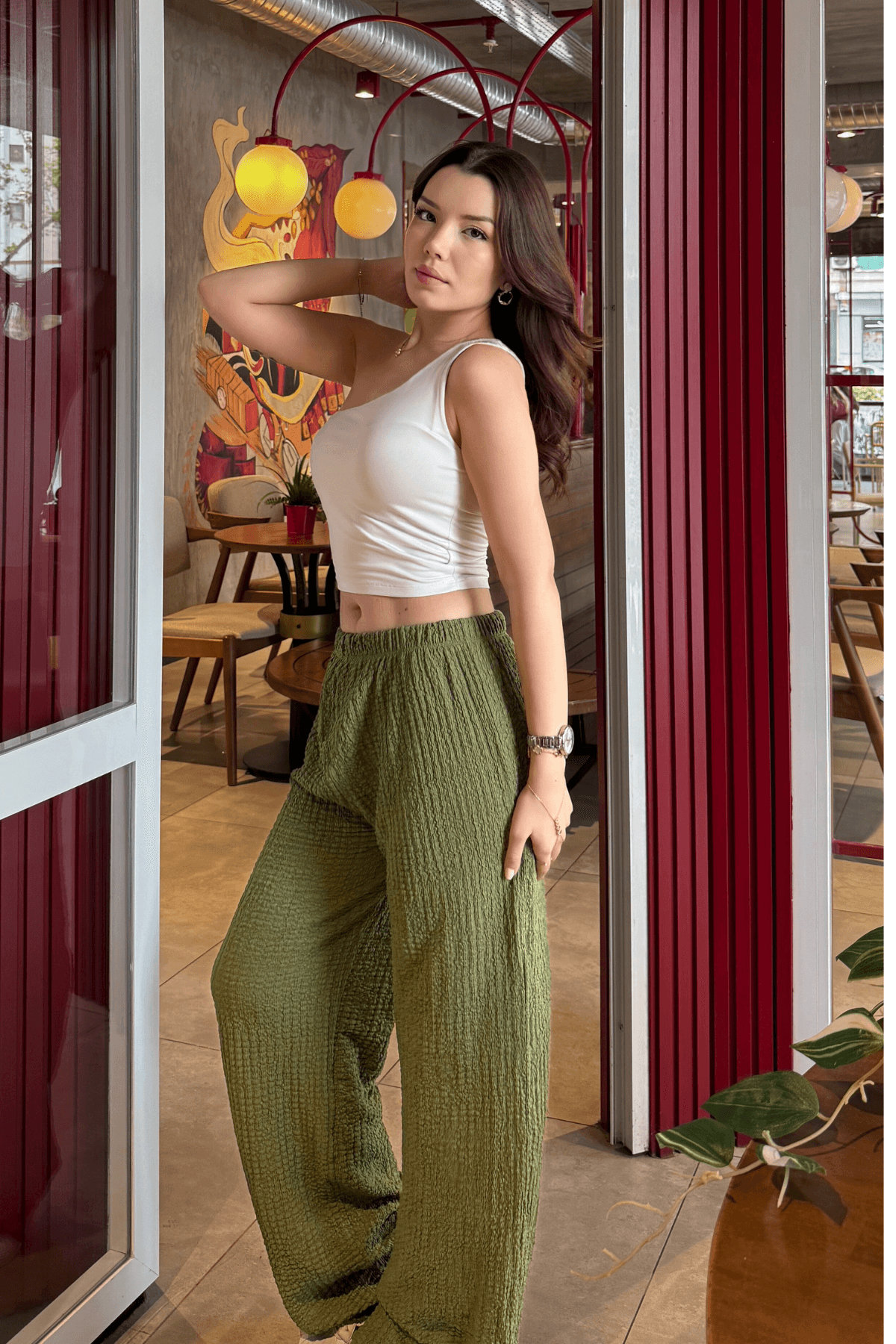 Kadın Haki Yüksek Bel Likralı Dökümlü Relax Bubble Pantolon