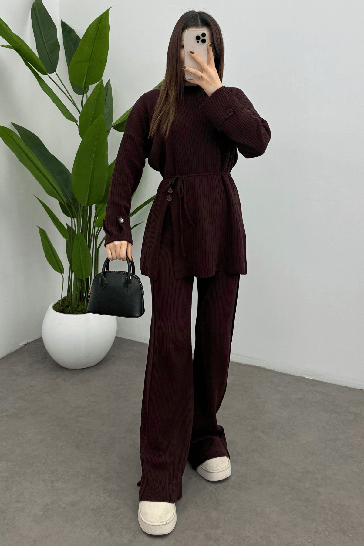 Kadın Bordo Bel Bağlamalı Düğme Detaylı Fitilli Triko Kazak Pantolon İkili Takım