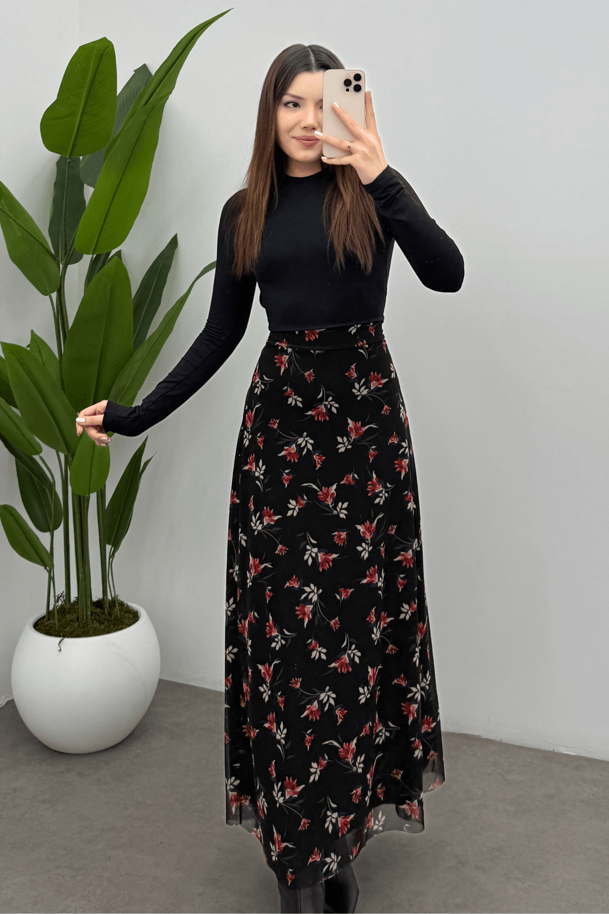 Kadın Kırmızı Yaprak Baskılı  Arka Lastik Detaylı Fermuarlı Tül Etek