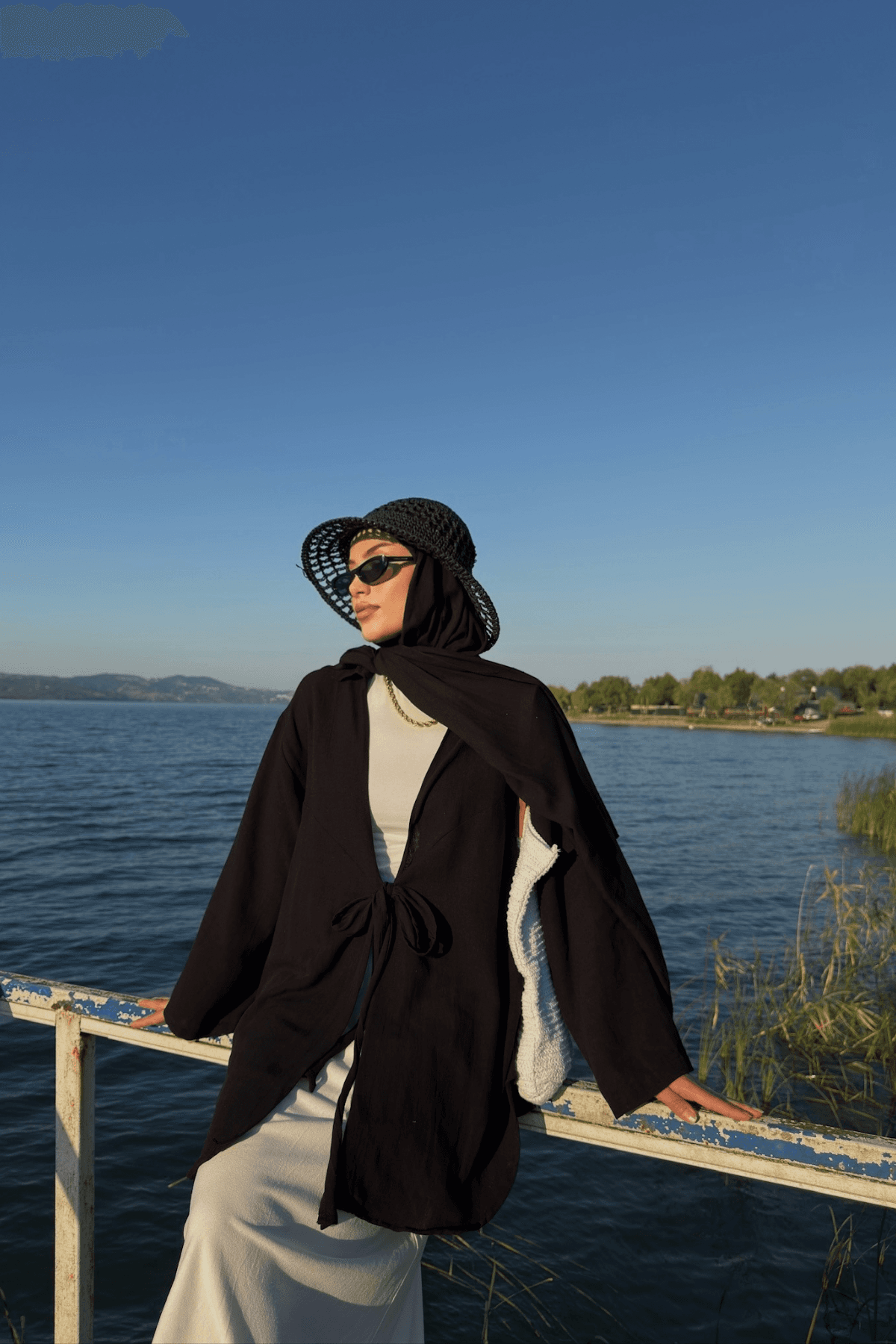 Kadın Siyah Bağlama Detaylı Flam Keten Kimono