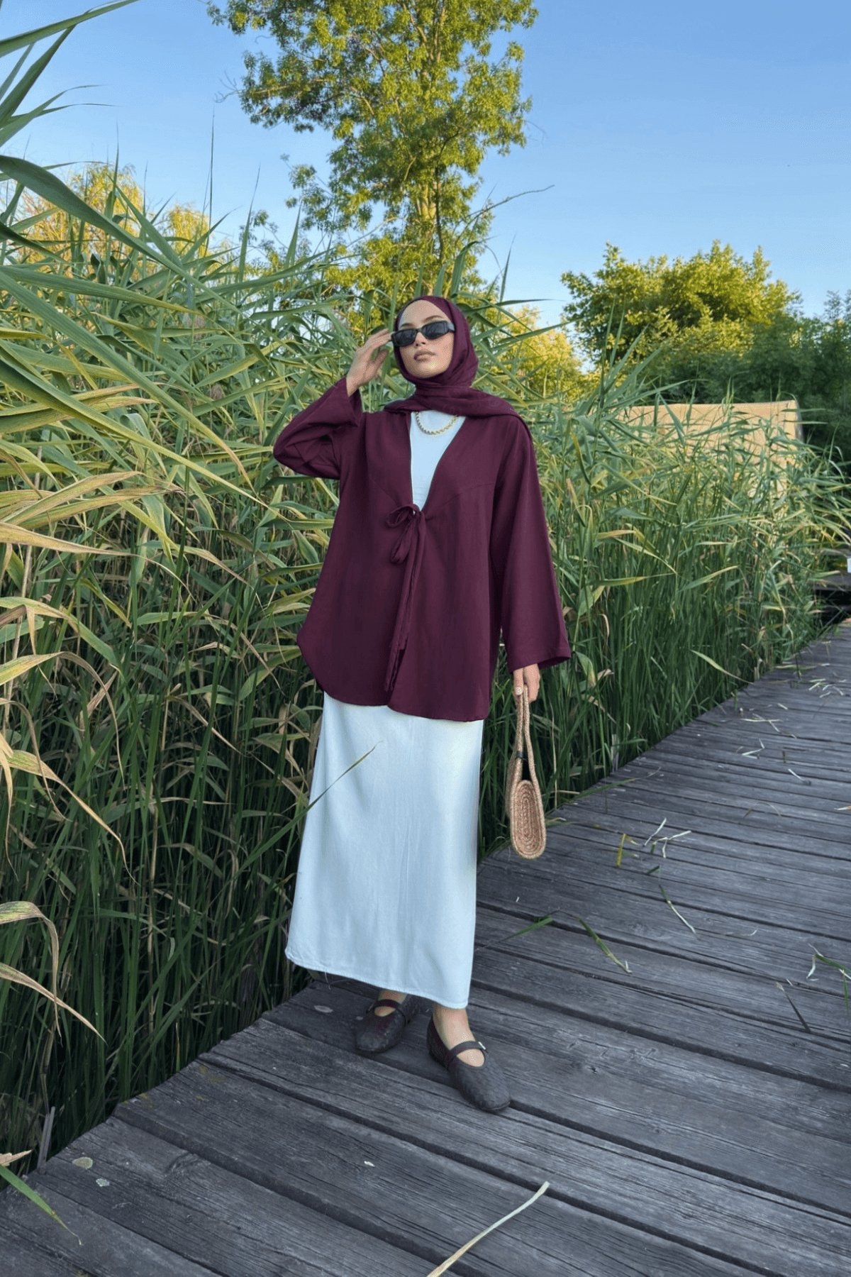 Kadın Cherry Bağlama Detaylı Flam Keten Kimono