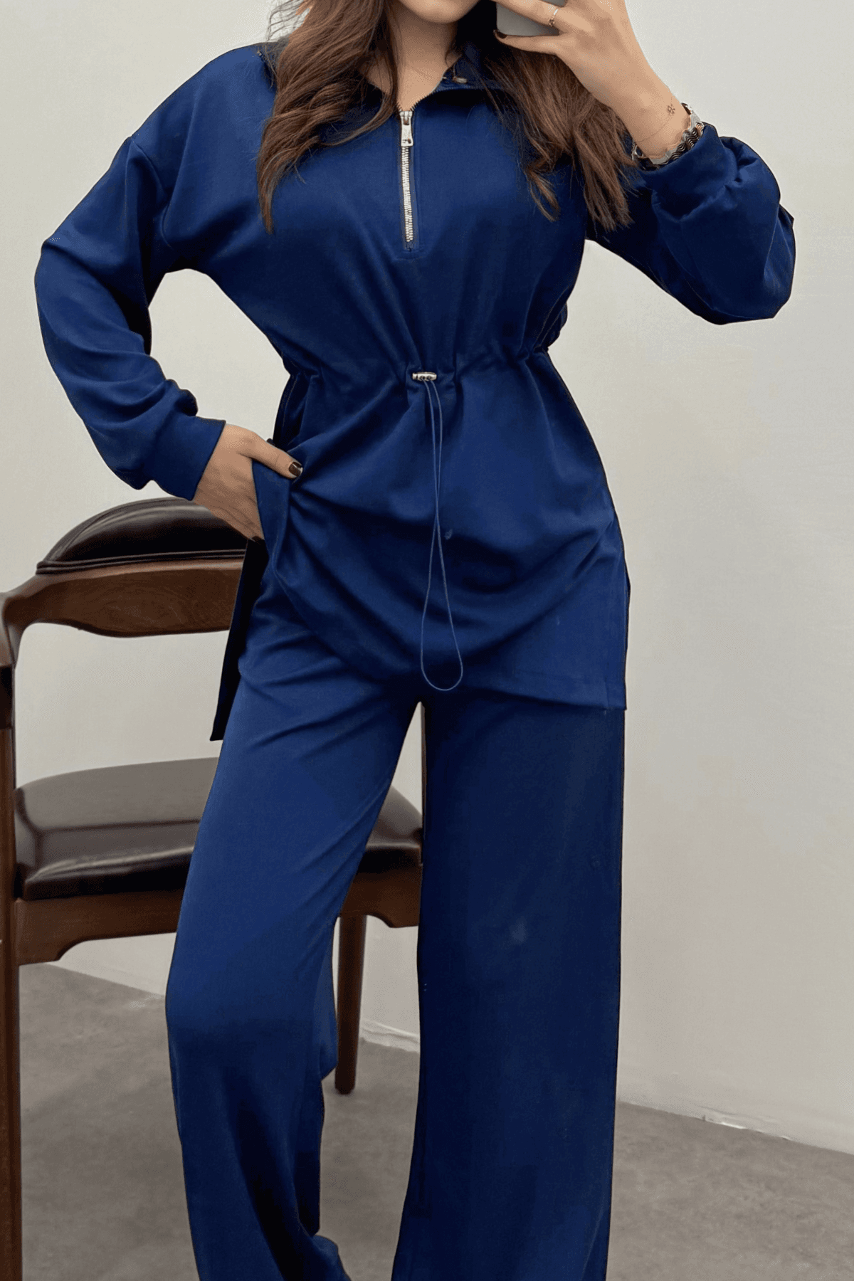 Kadın Lacivert Oysho Beli Lastikli Fermuarlı Sweat Takım