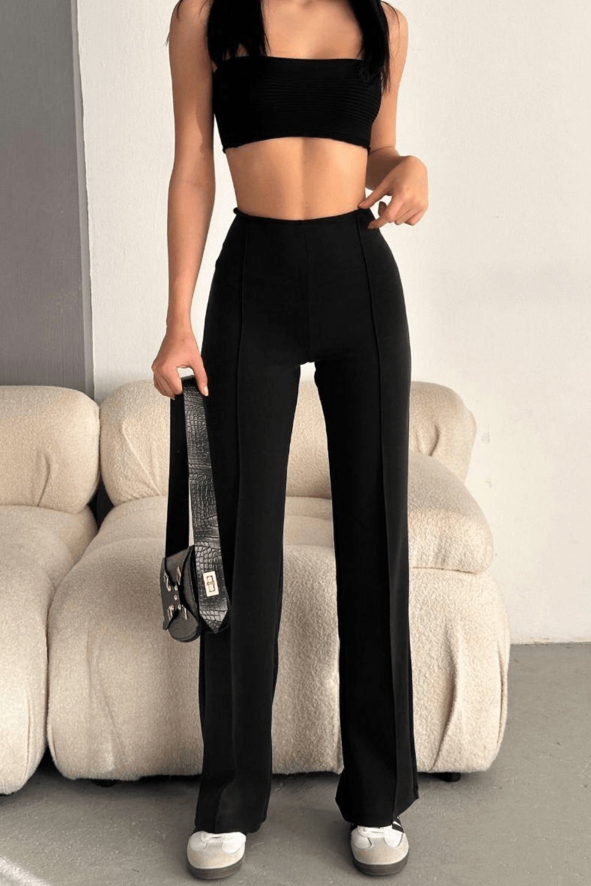 Kadın Siyah Modal Nervür Dikiş Detaylı Likralı Pantolon