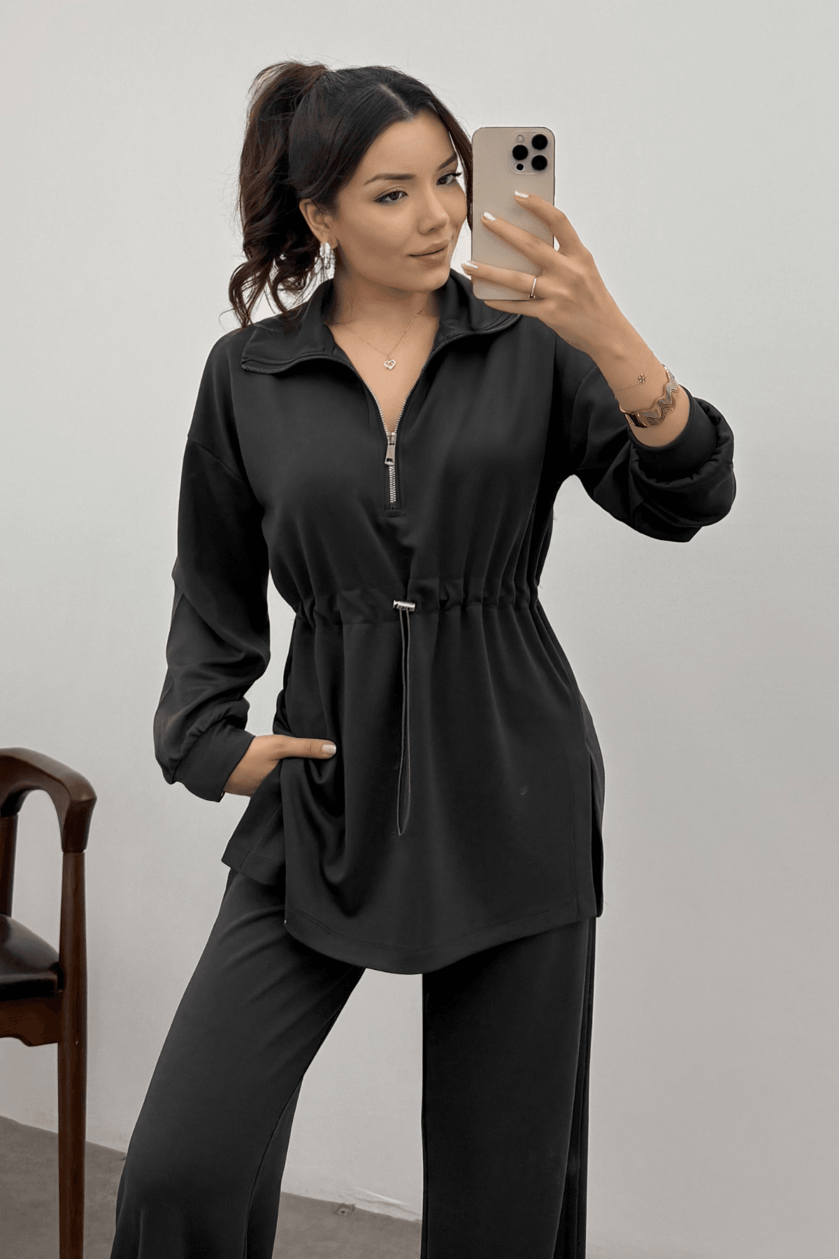 Kadın Antrasit Oysho Beli Lastikli Fermuarlı Sweat Takım