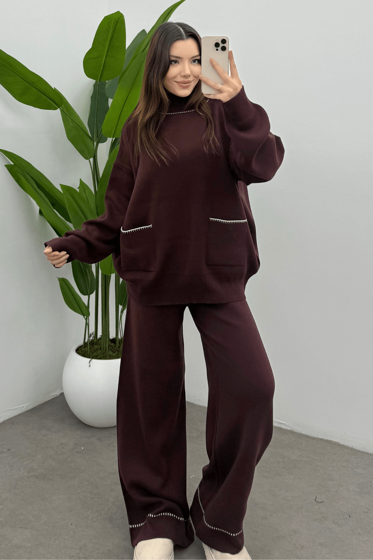 Kadın Bordo  Balıkçı Yaka Cep Detaylı Kazak Pantolon Triko Takım