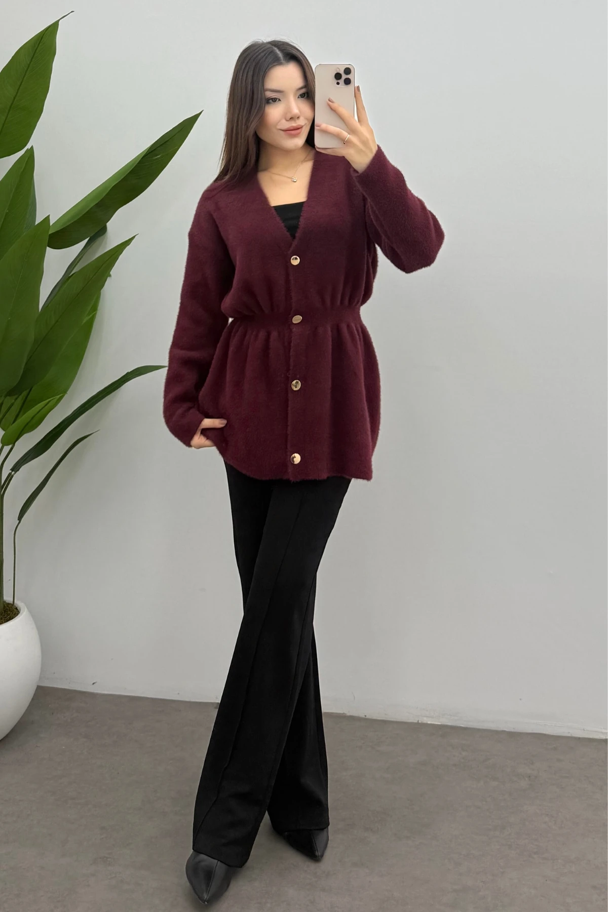 Kadın Bordo Gold Çıtçıt Detaylı Soft Triko Hırka