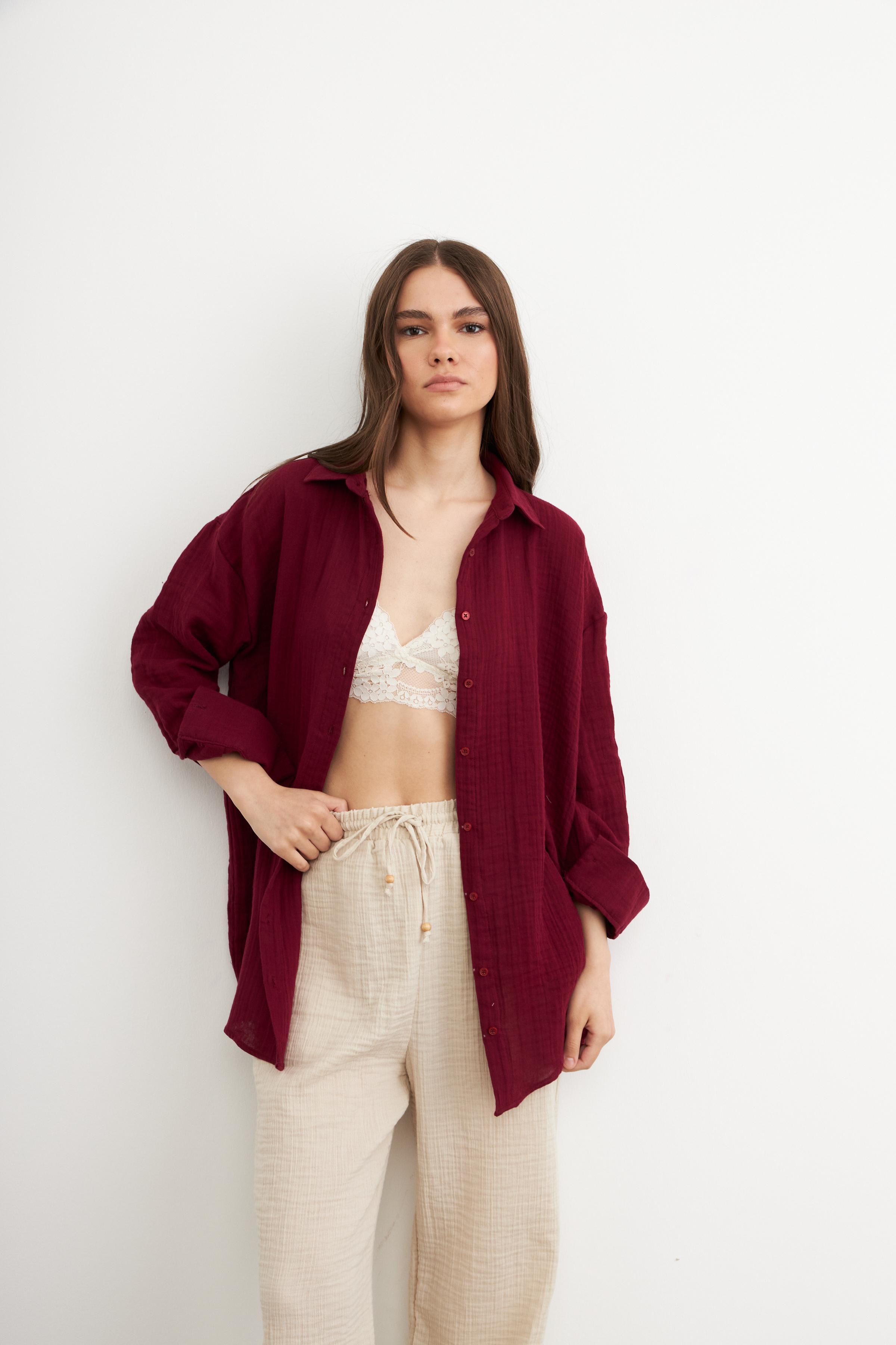 Kadın Bordo Oversize Basic Müslin Gömlek