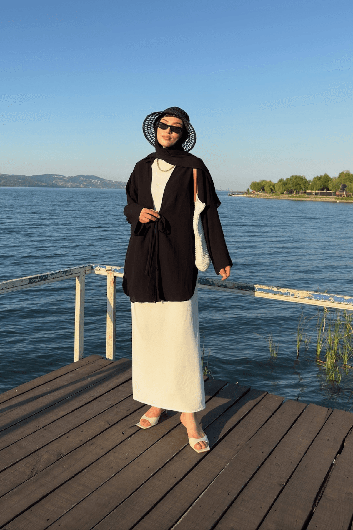 Kadın Siyah Bağlama Detaylı Flam Keten Kimono
