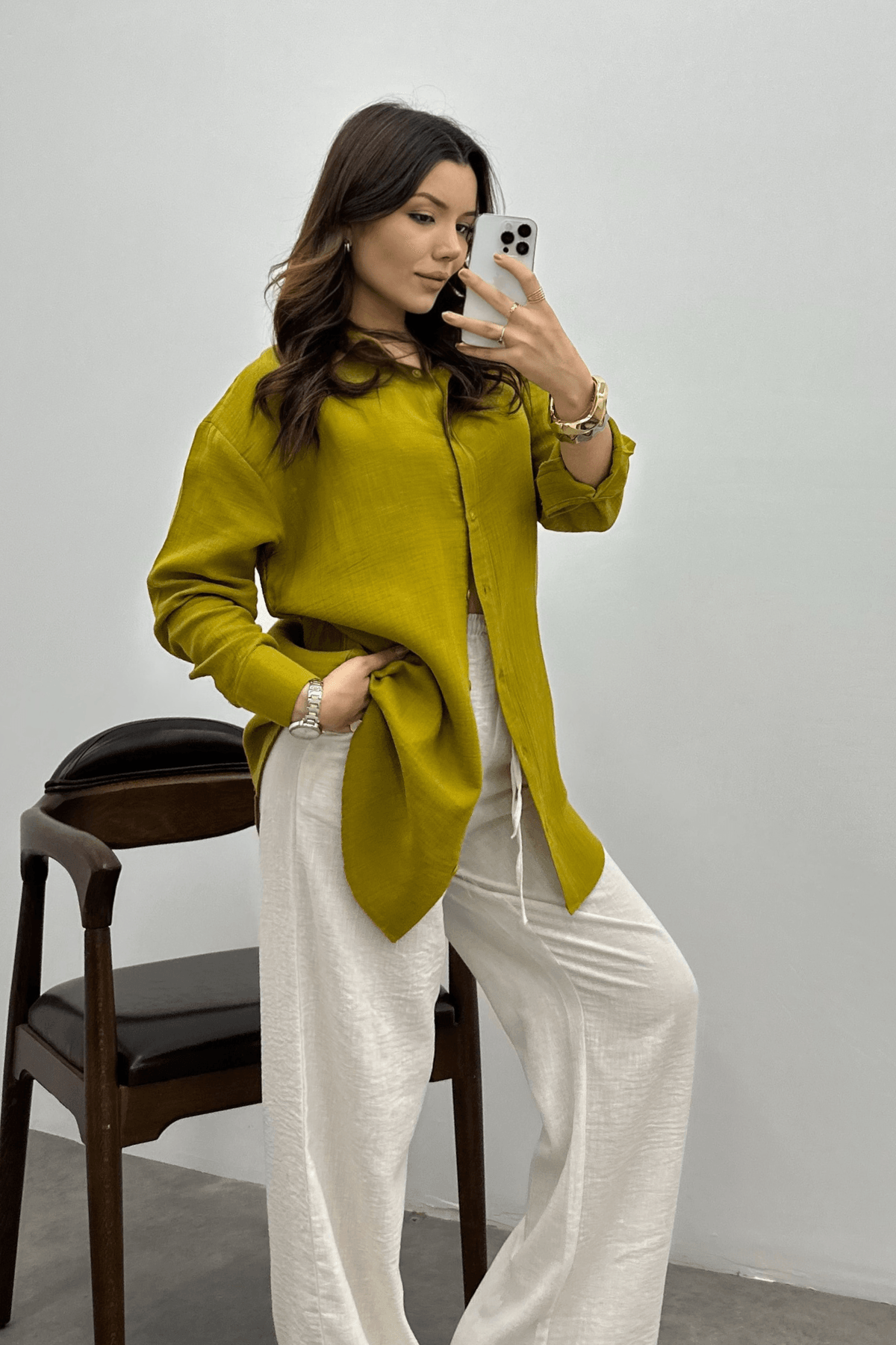 Kadın Yağ Yeşili Oversize Basic Müslin Gömlek