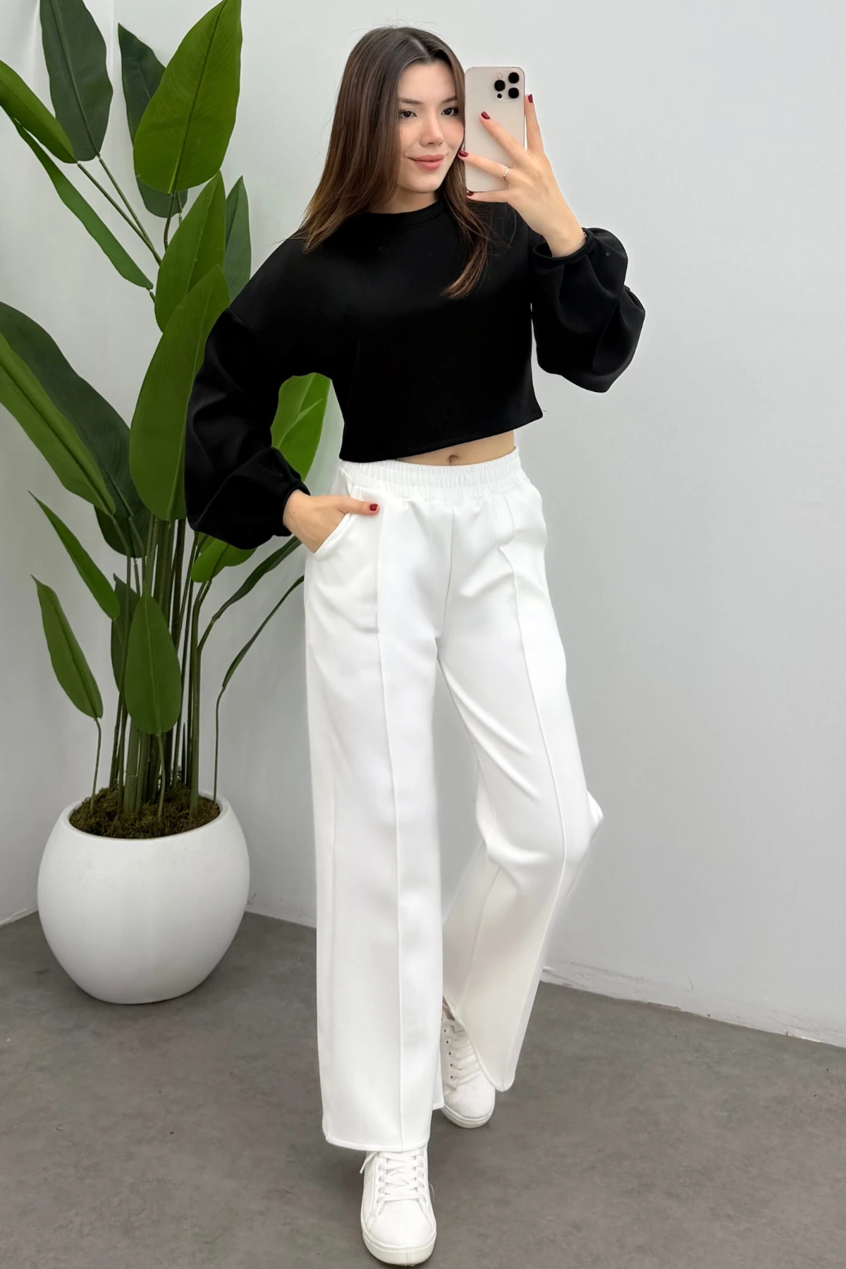 Kadın Beyaz Nervür Dikişli Lastikli Scuba Pantolon