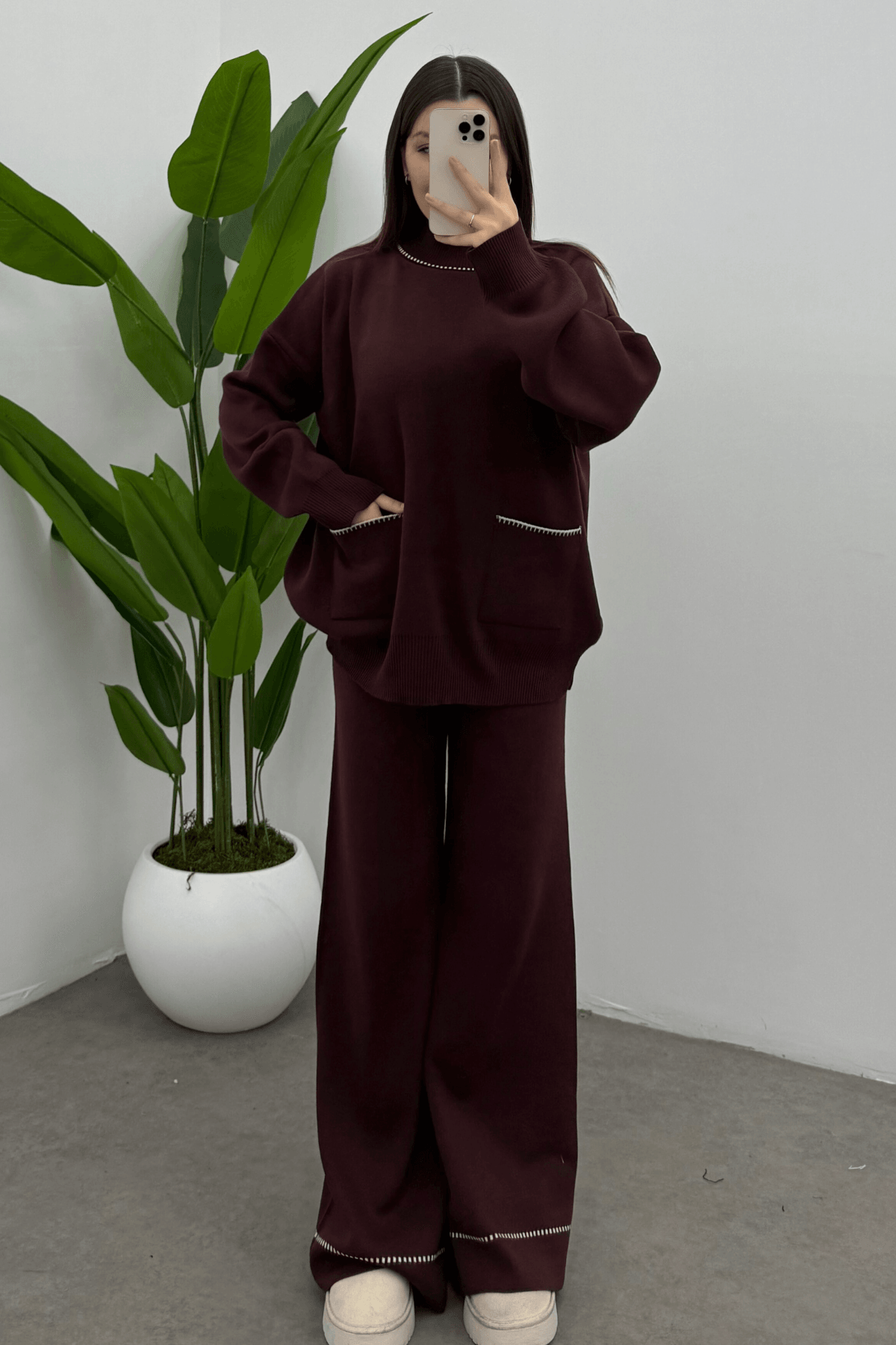 Kadın Bordo  Balıkçı Yaka Cep Detaylı Kazak Pantolon Triko Takım