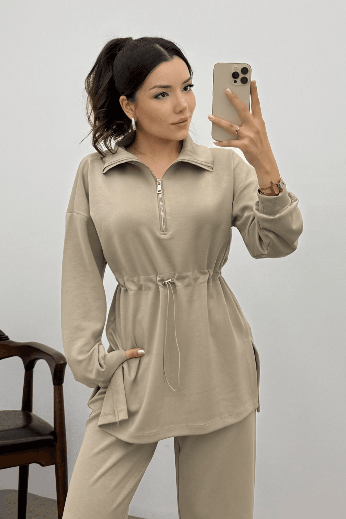 Kadın Krem Oysho Beli Lastikli Fermuarlı Sweat Takım