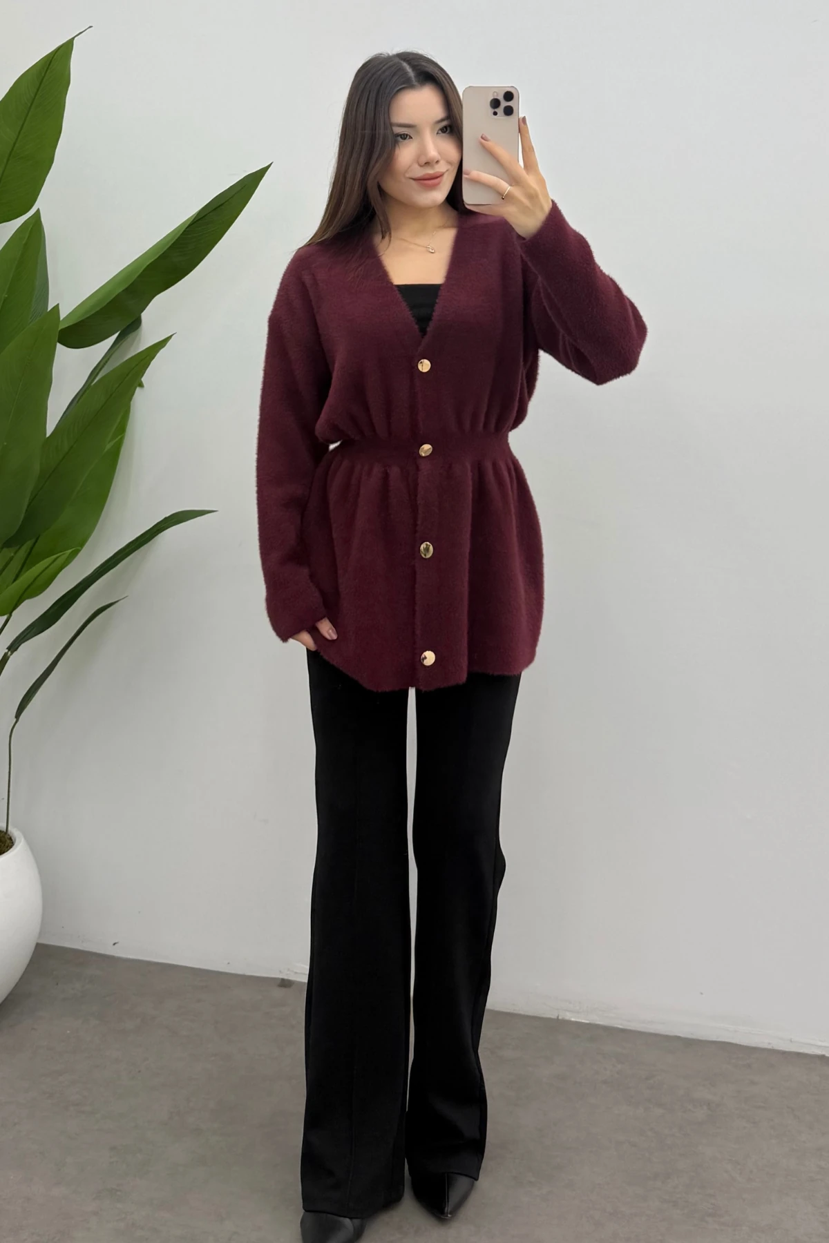 Kadın Bordo Gold Çıtçıt Detaylı Soft Triko Hırka